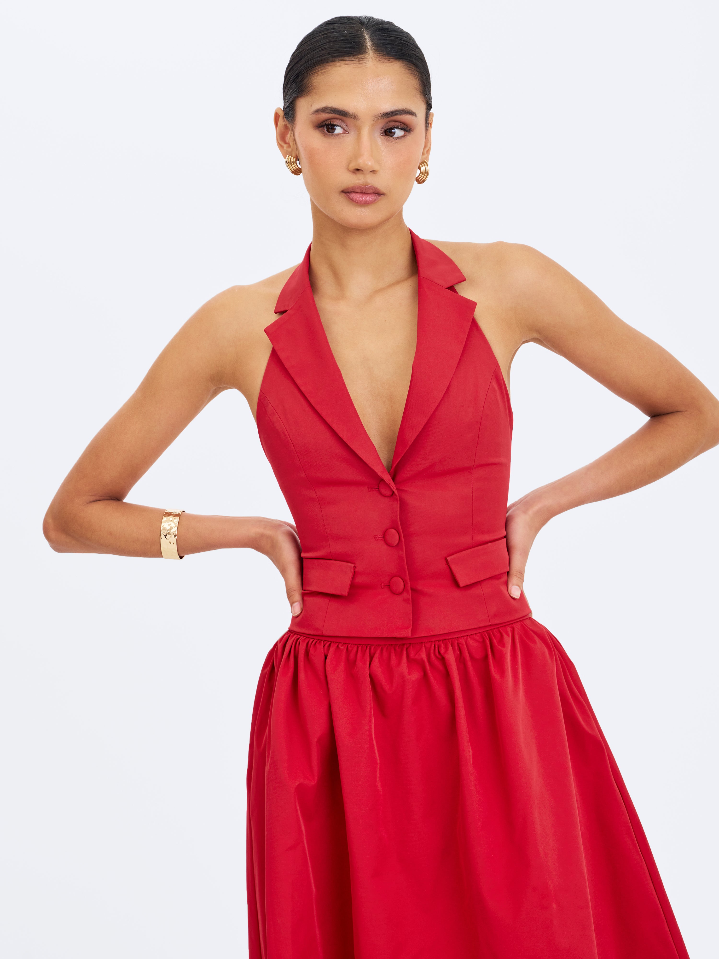 Ursella Crimson Halter Single-Breasted Lapel Top