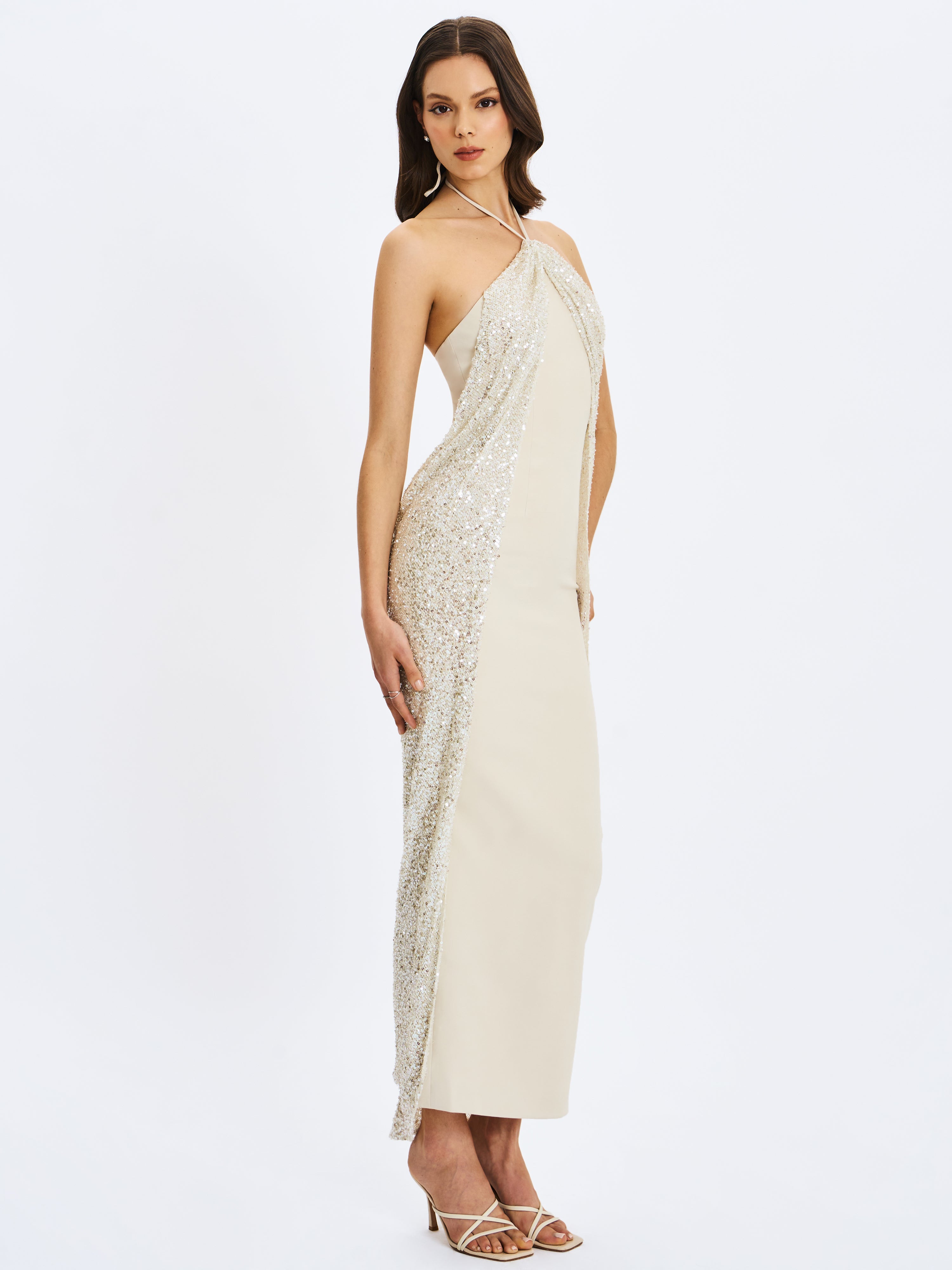 Quimera Almond Beaded Cape Halter Off-Shoulder Maxi Gown