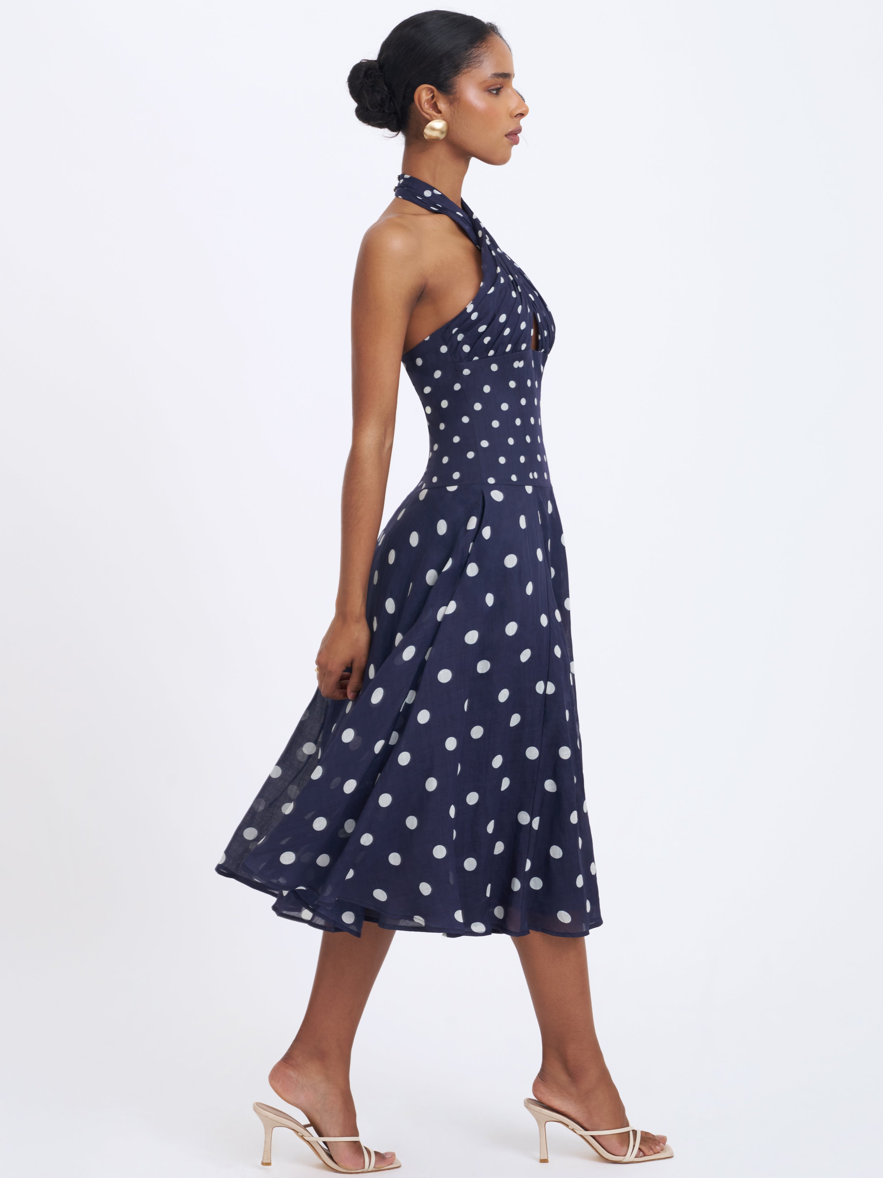 Nuri Navy Polka Dot Ramie Crossover Halter A-Line Midi Dress