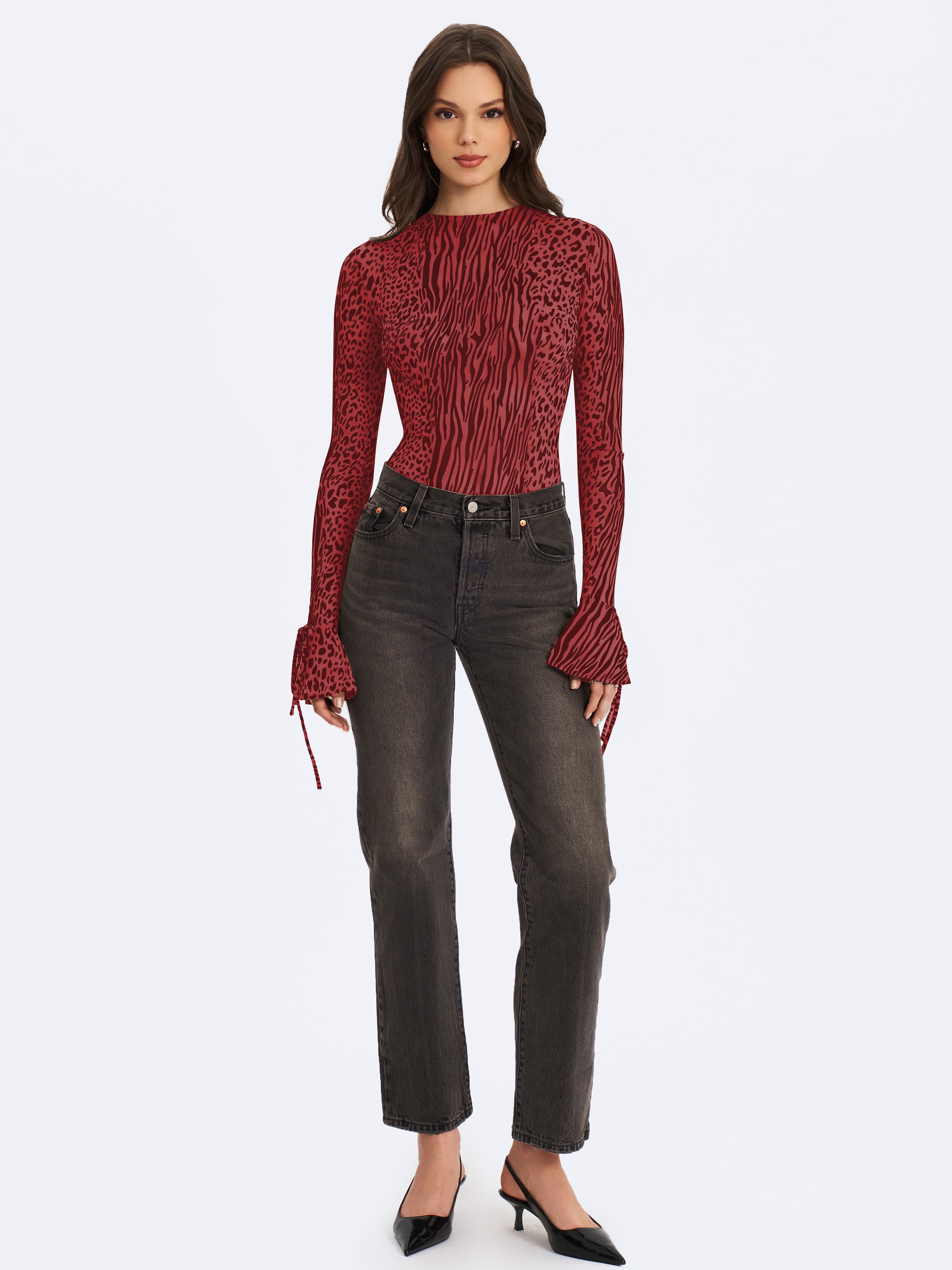 Ibera Burgundy Animal Print Burnout Velvet Long Sleeve Bodysuit