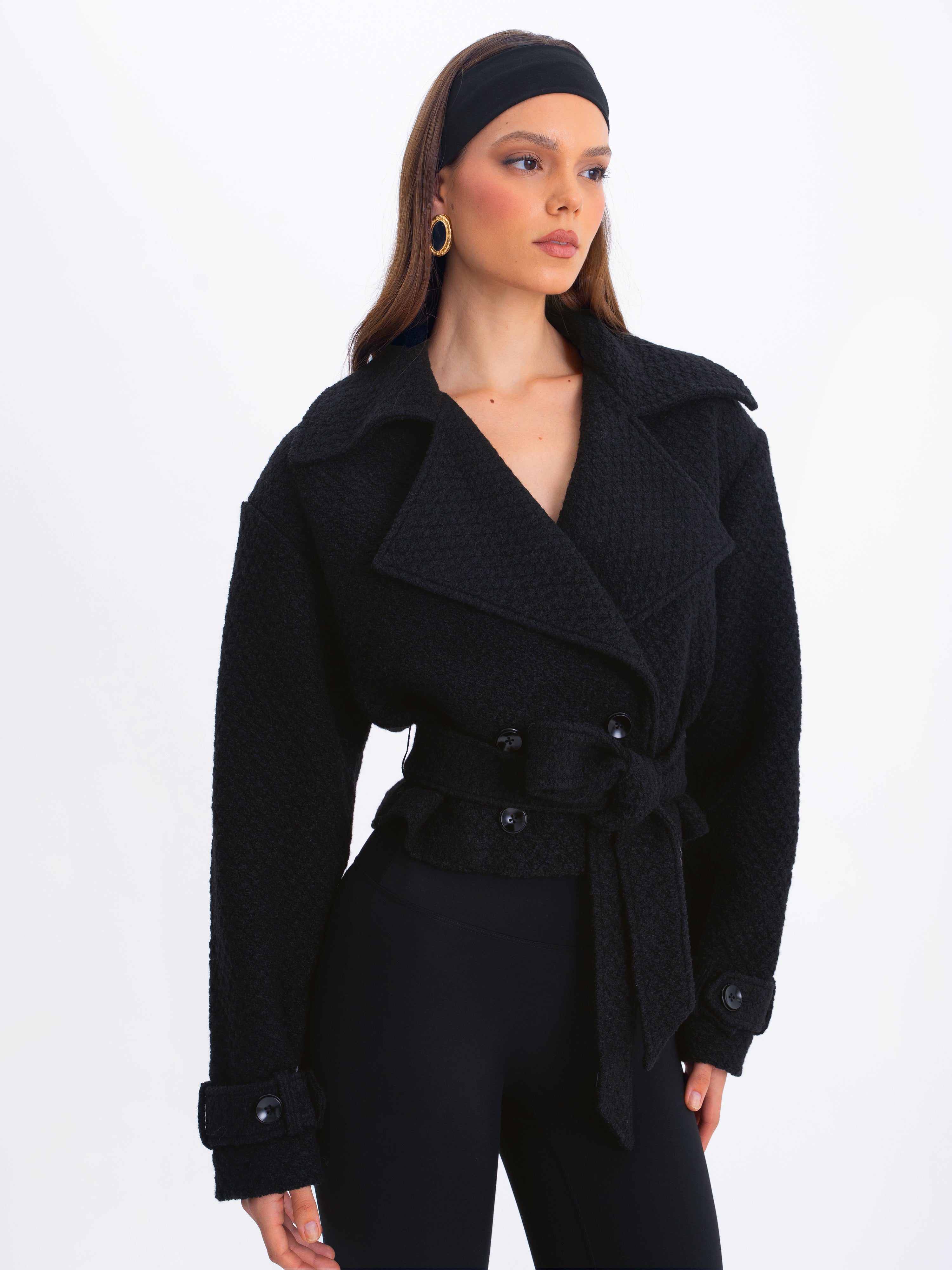 Dara Black Wool Blend Cropped Double-Breasted Belted Coat
