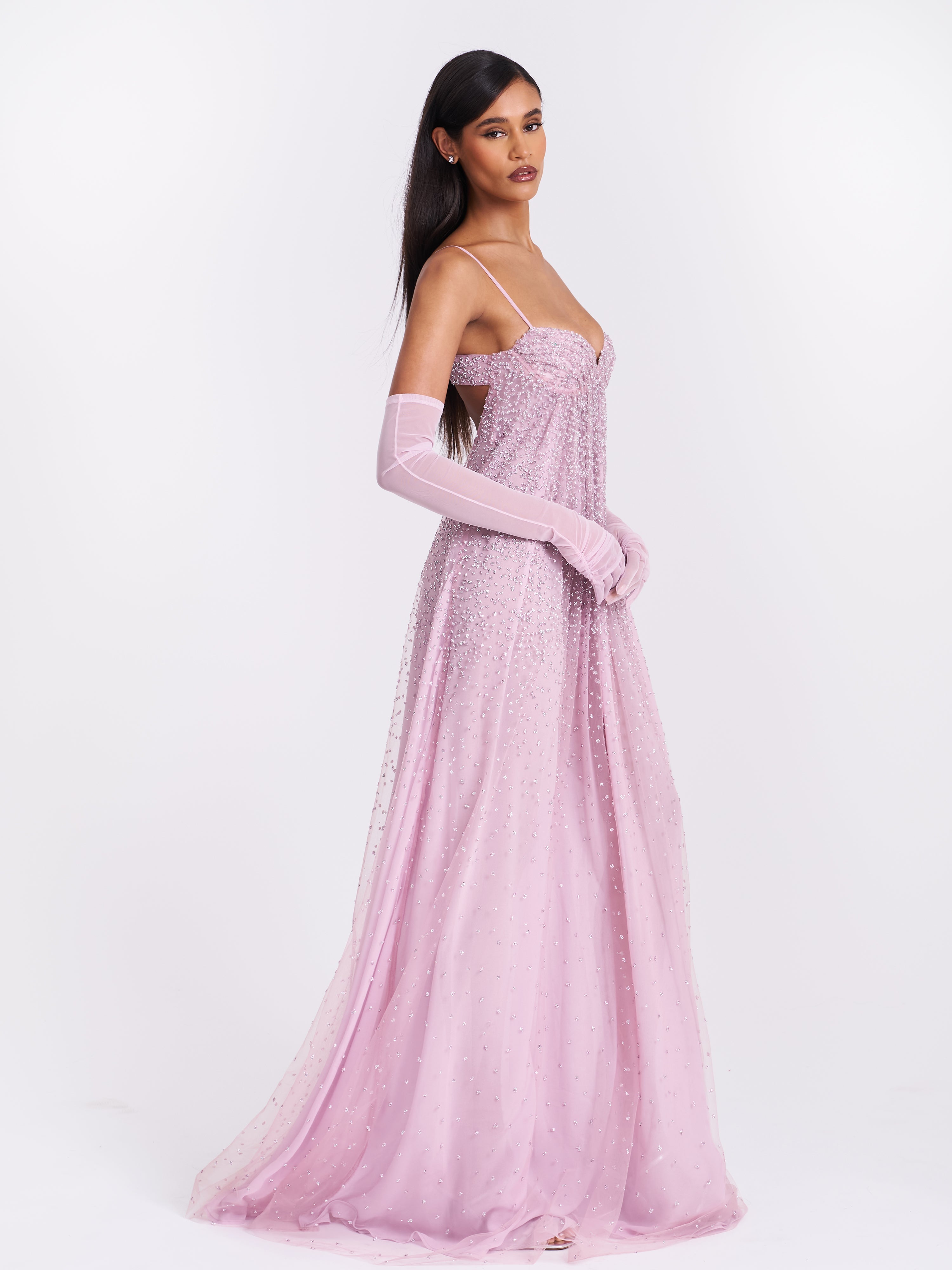 Wallie Pink Rhinestone Embellished Mesh Backless Gown