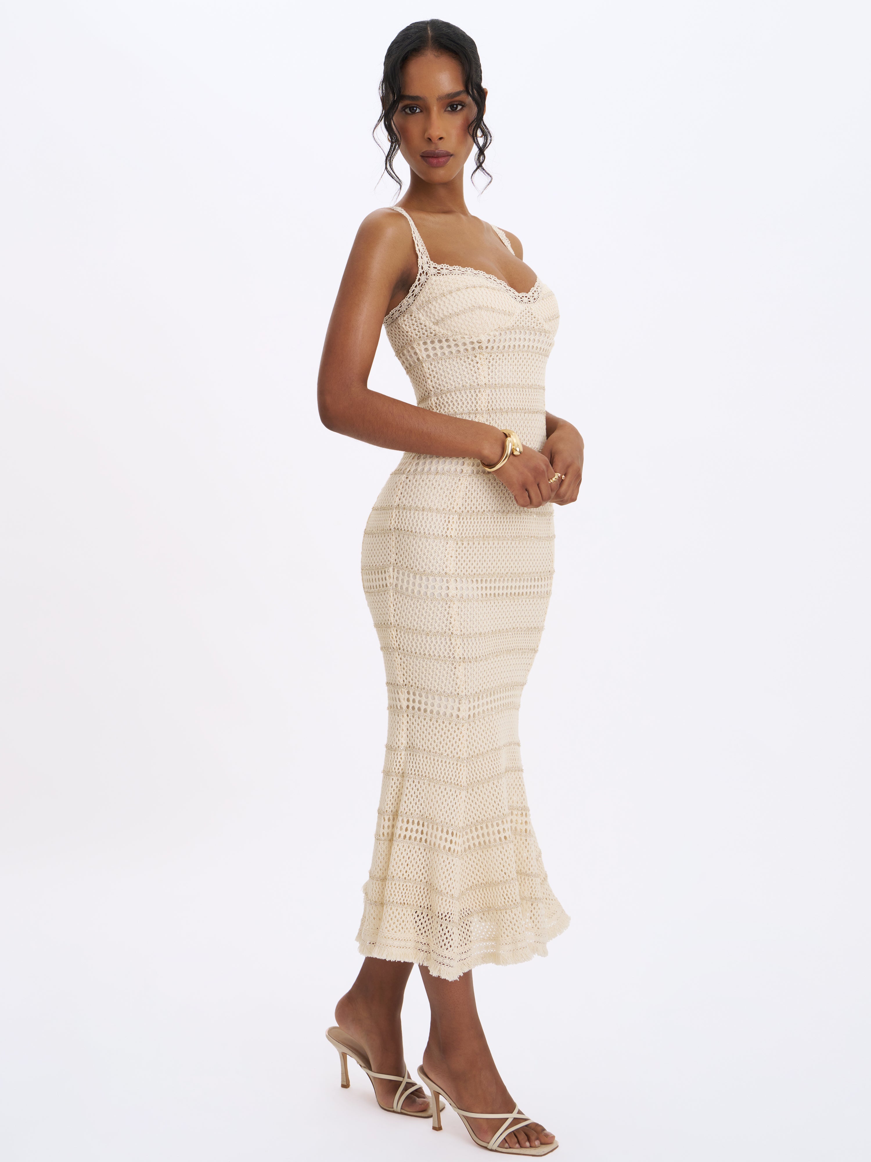 Xiomara Beige & Gold Stripe Crochet Knit Mermaid Midi Dress