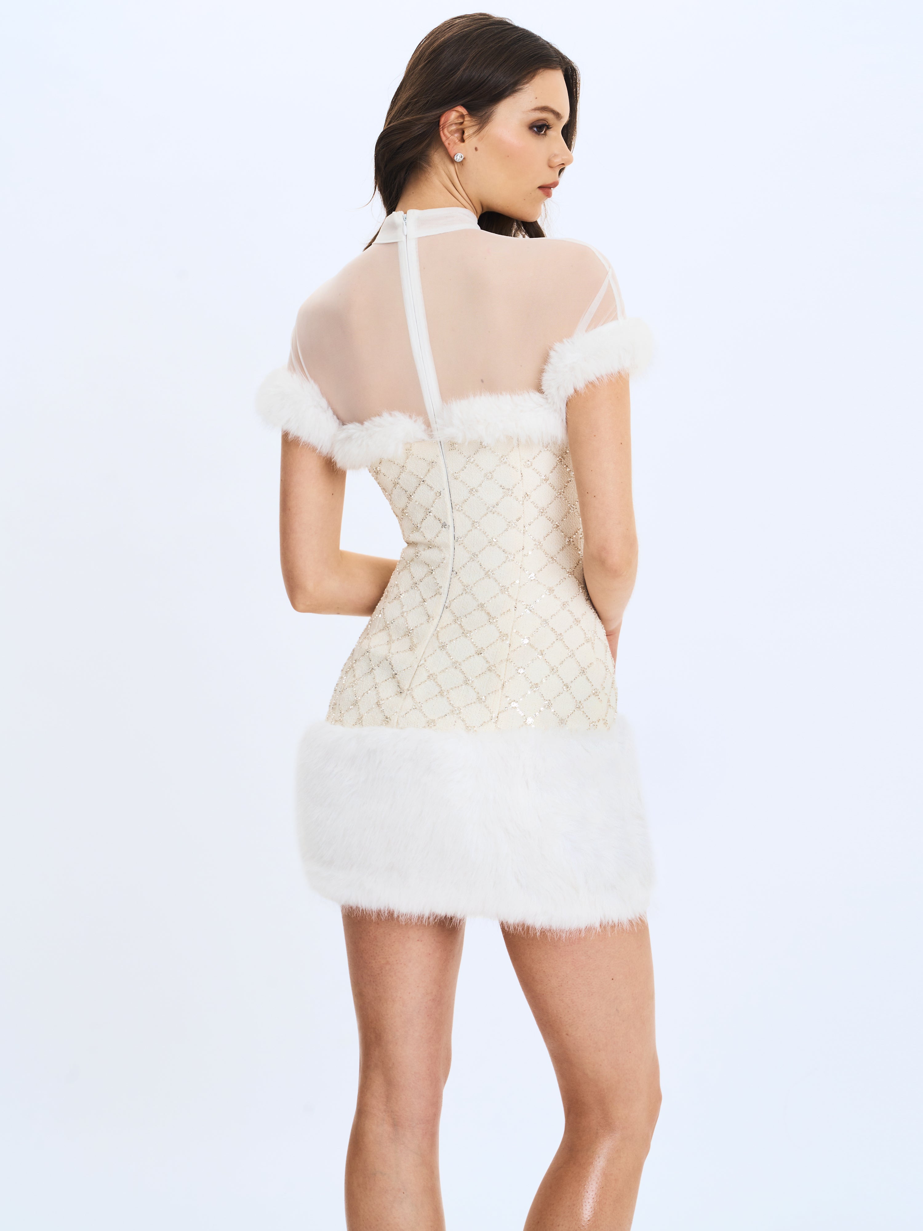 Taylor Ivory Fur Trimmed Beaded Bouclé Mini Dress