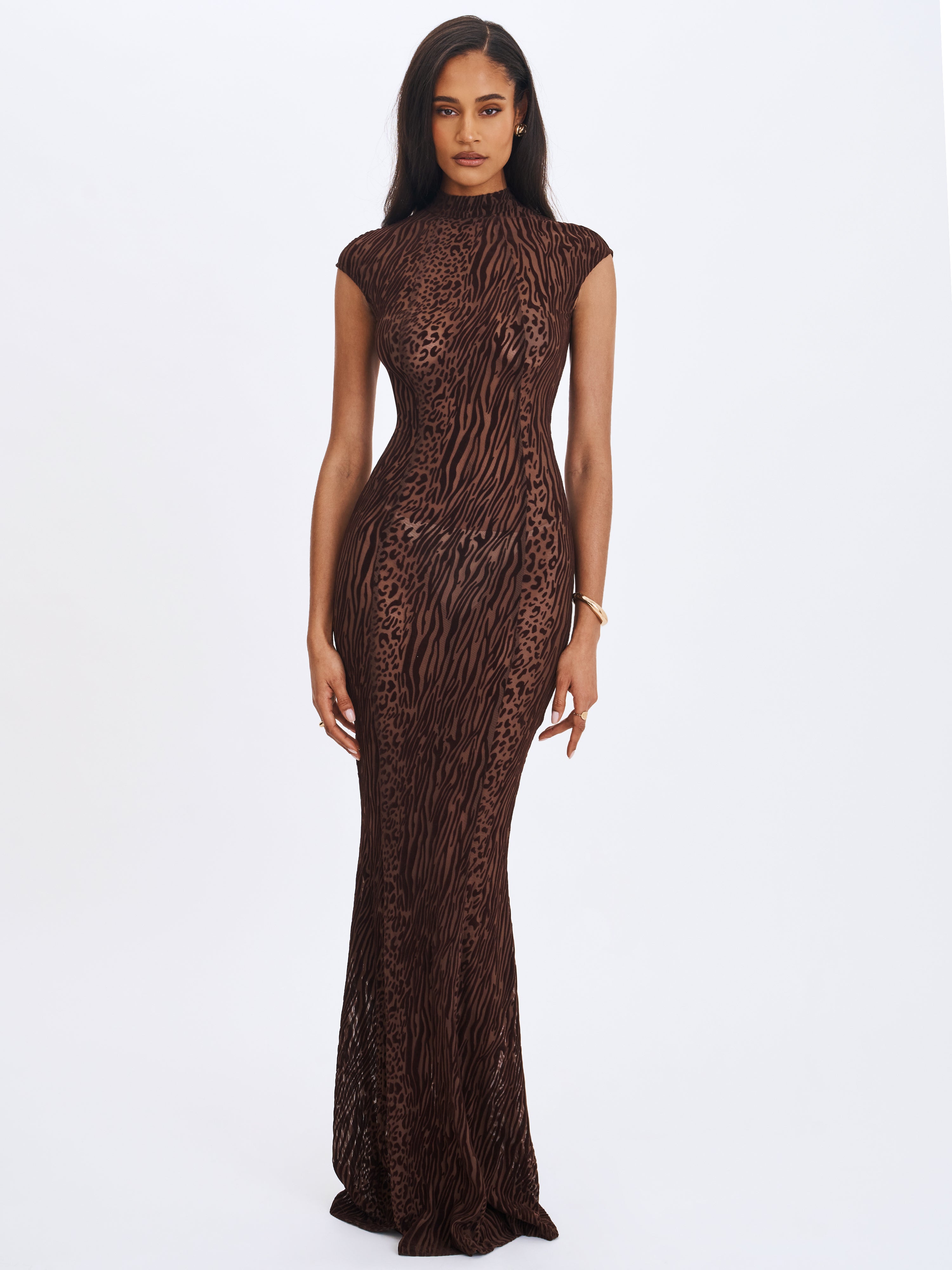 Tyanna Mocha Burnout Velvet Mesh Backless Mermaid Maxi Dress