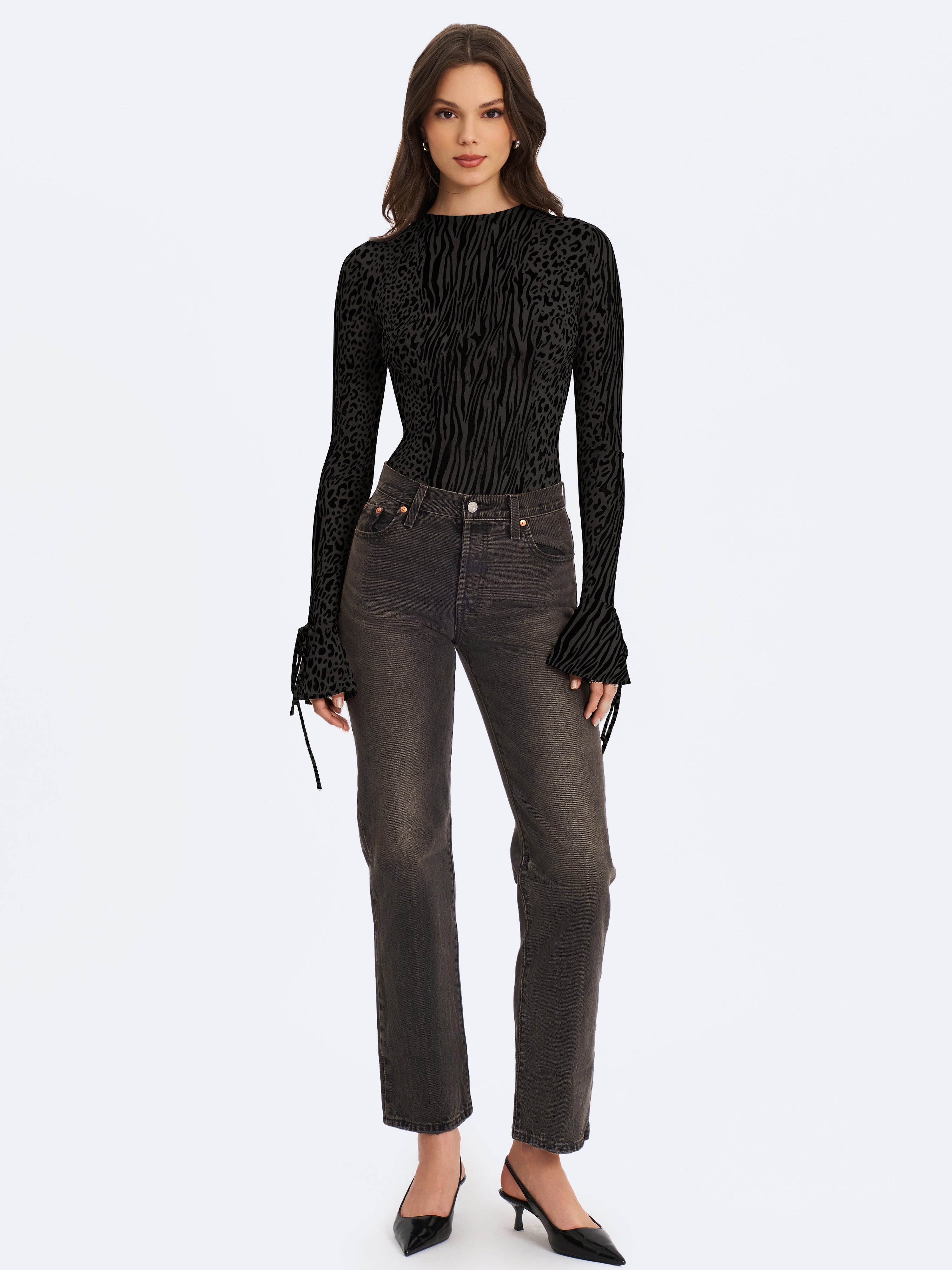 Ibera Black Animal Print Burnout Velvet Long Sleeve Bodysuit