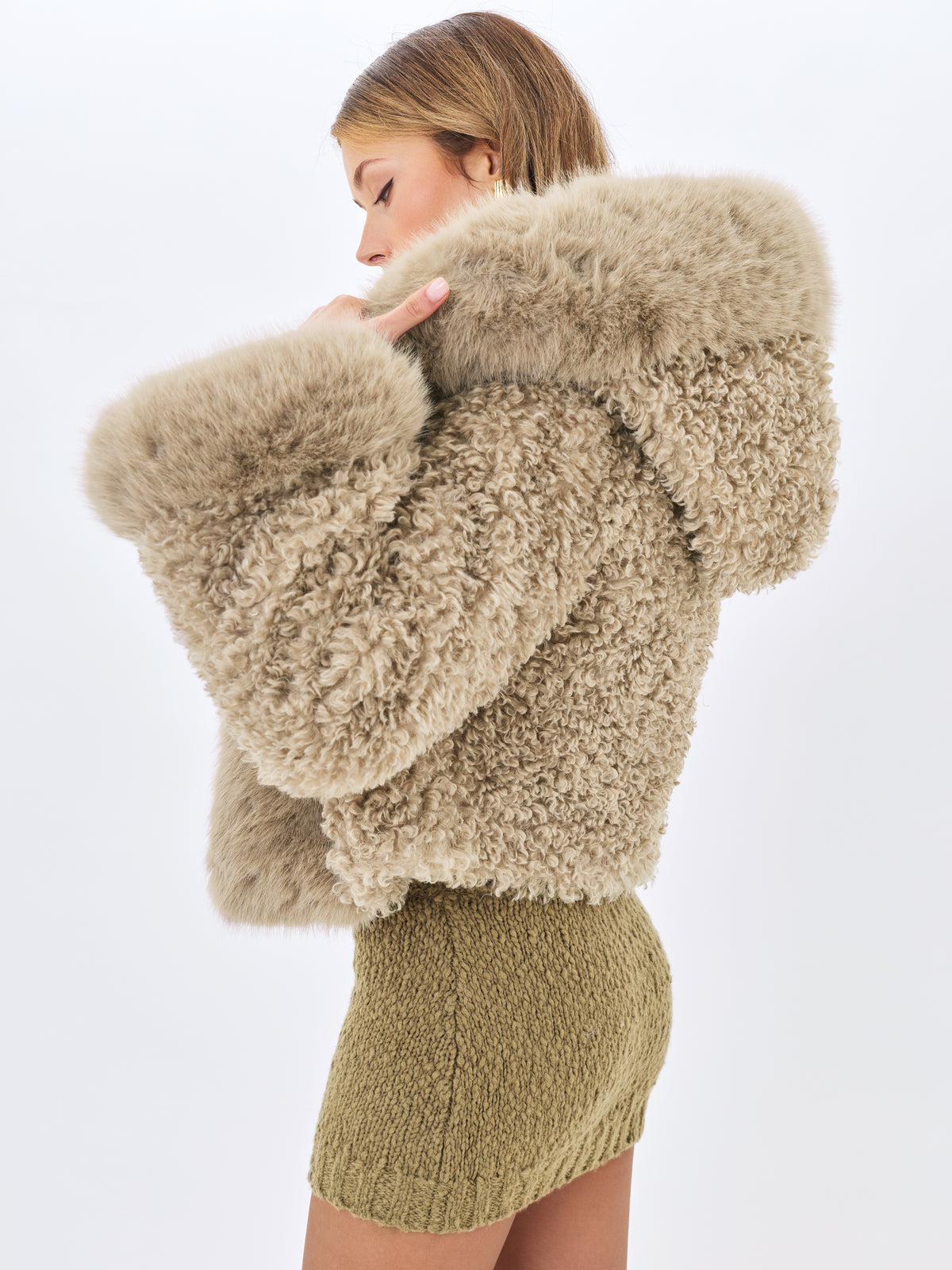 Kali Khaki Cropped Vegan Shearling Fur Jacket