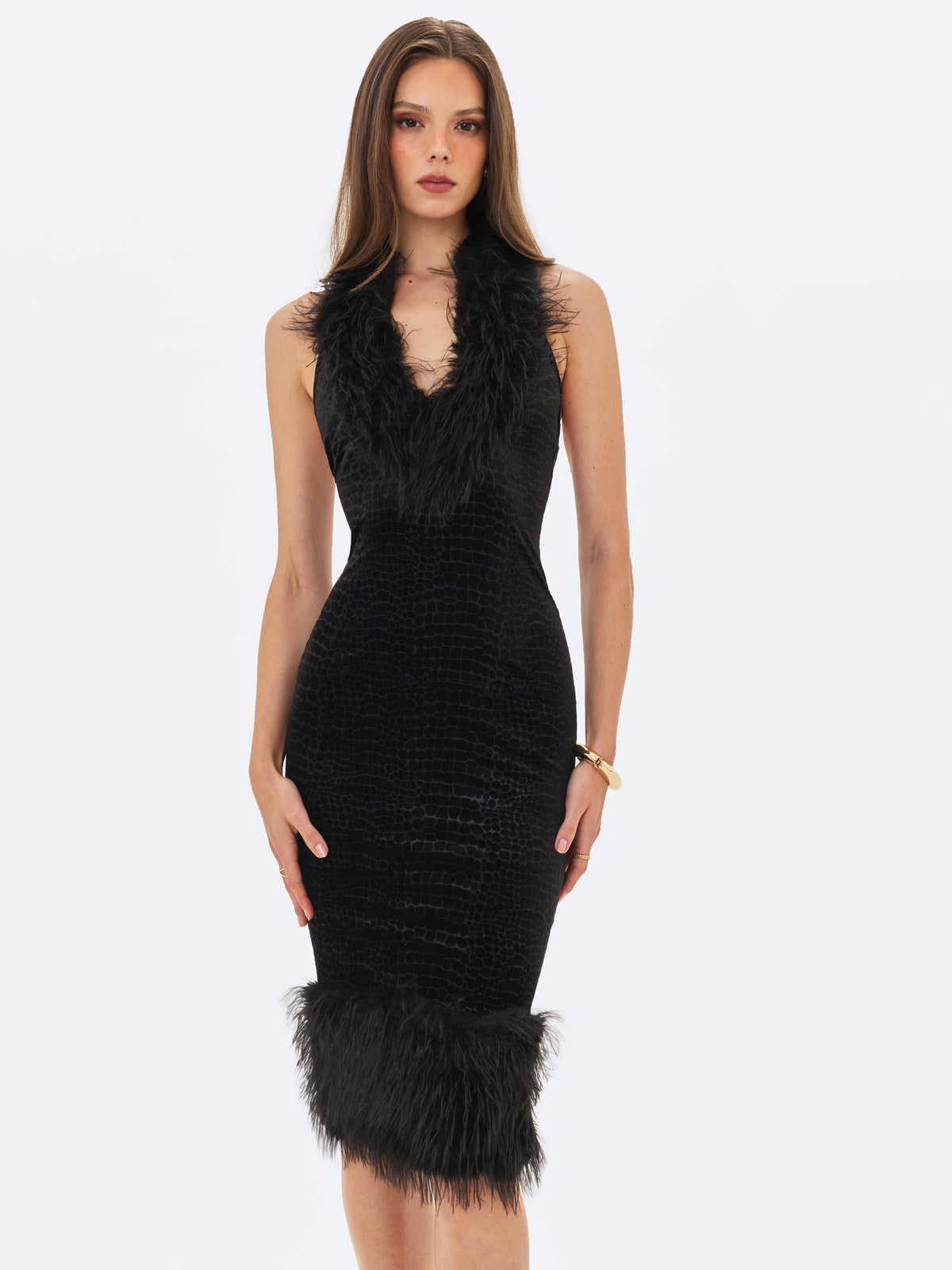 Onalee Black Croc-Embossed Velvet Fur Midi Dress
