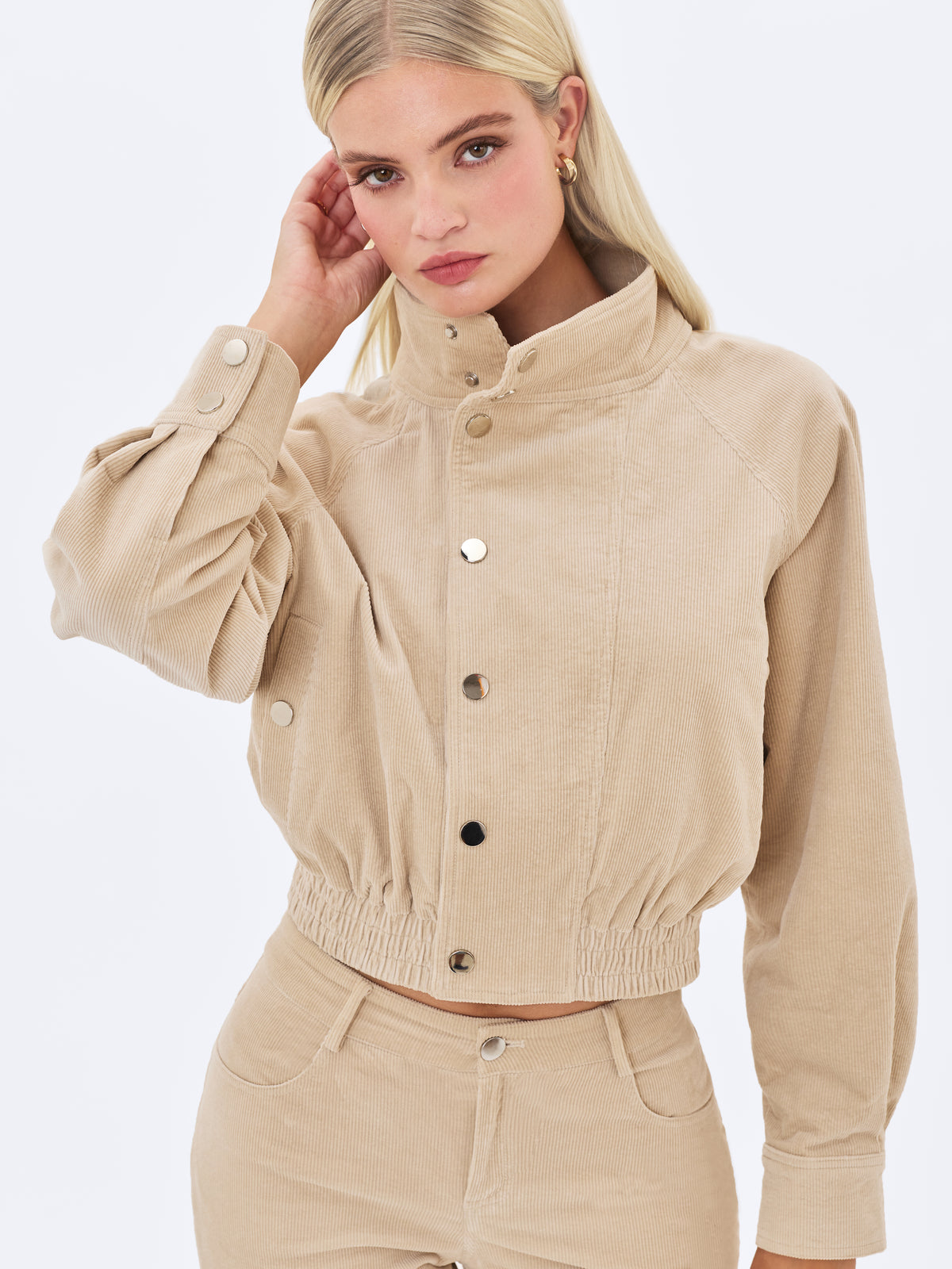 Romilly Beige Cotton Corduroy Funnel Collar Jacket