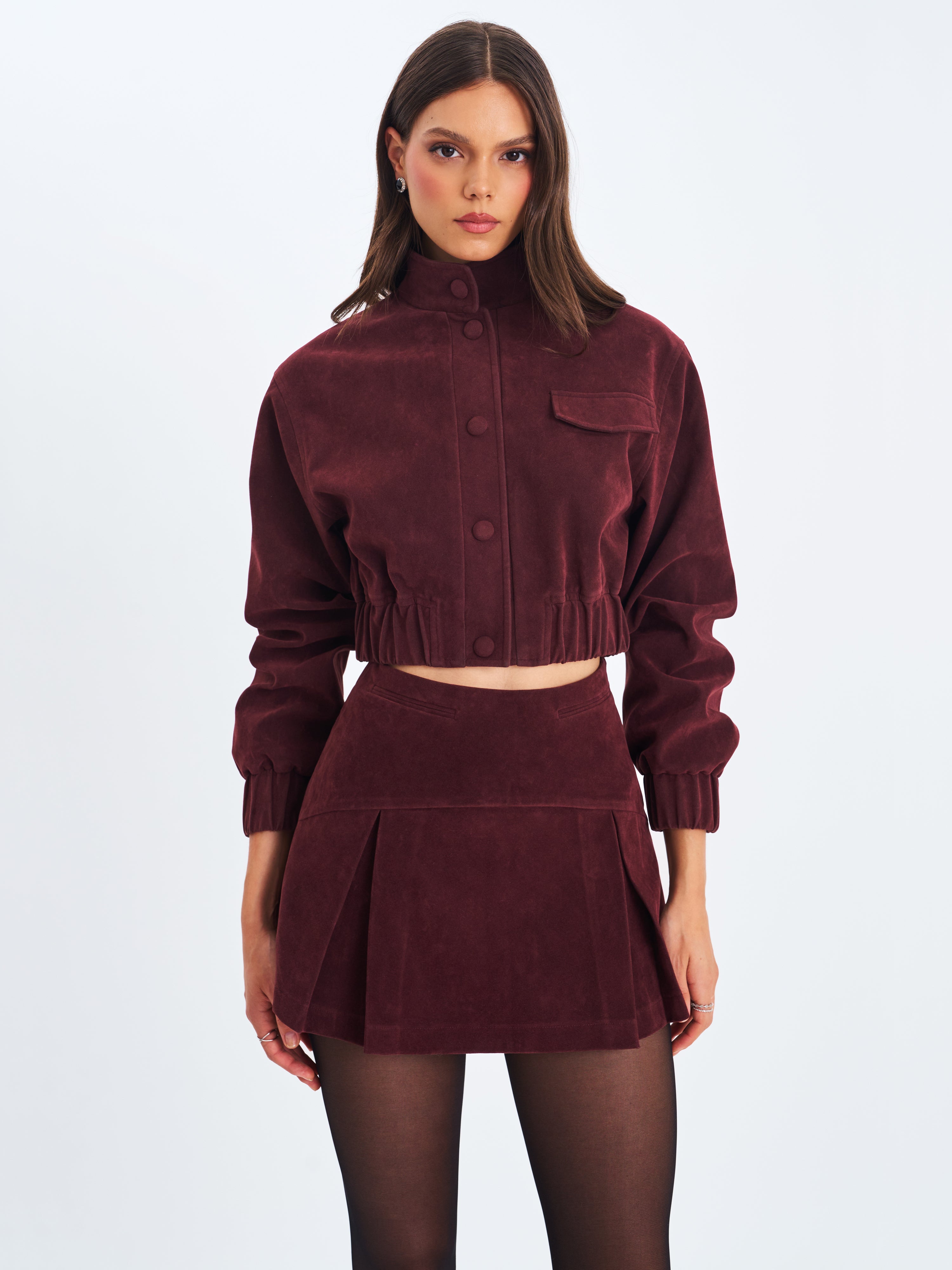 Faryn Mahogany Vegan Suede Pleated A-Line Mini Skirt