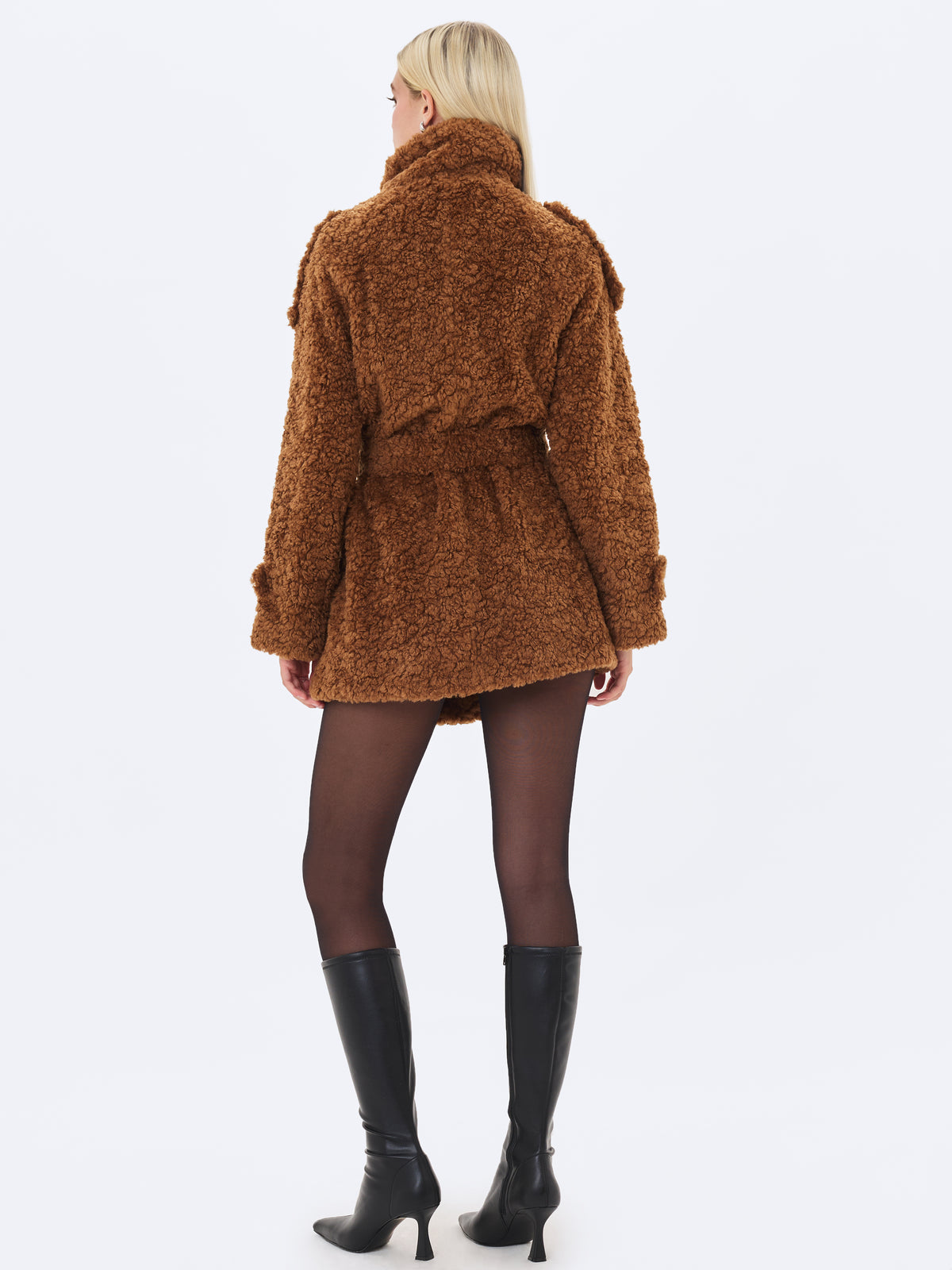 Marlow Chestnut Teddy Fur Funnel Collar Belted Mini Coat