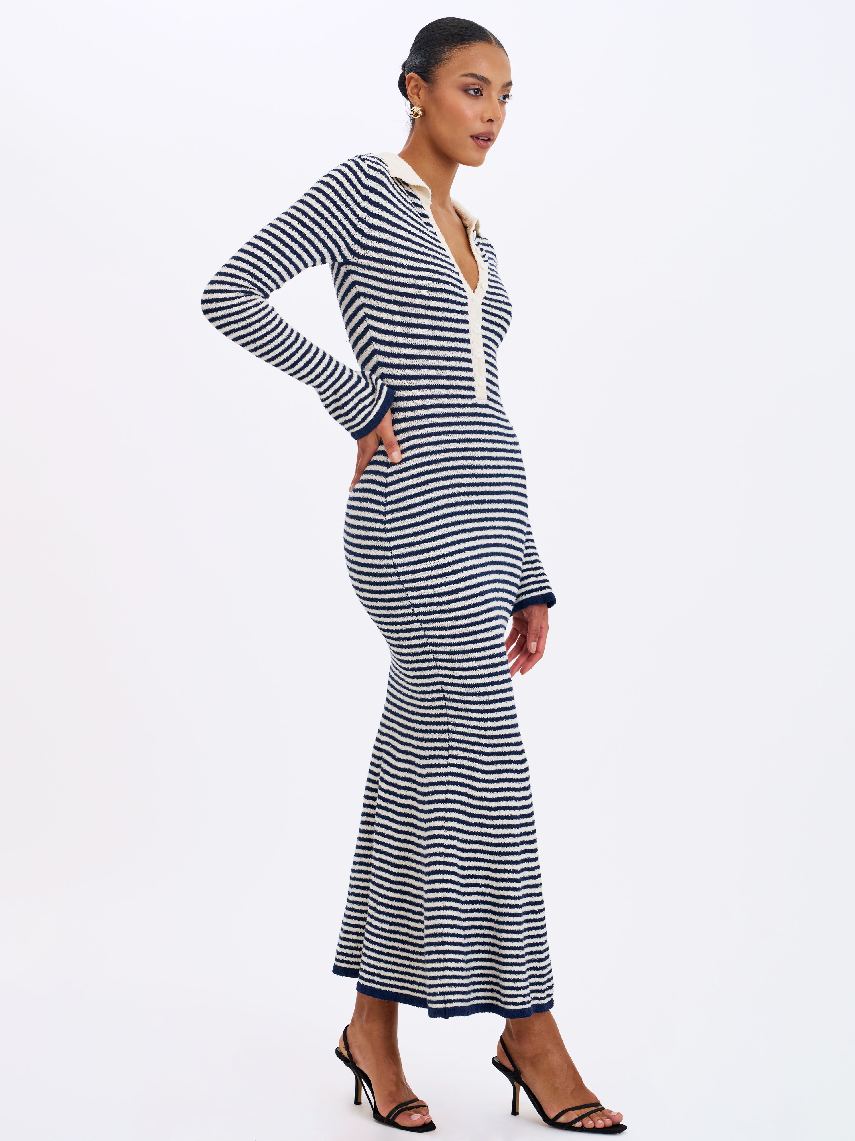 Xelie Navy & White Cotton Terry Knit Mermaid Maxi Dress