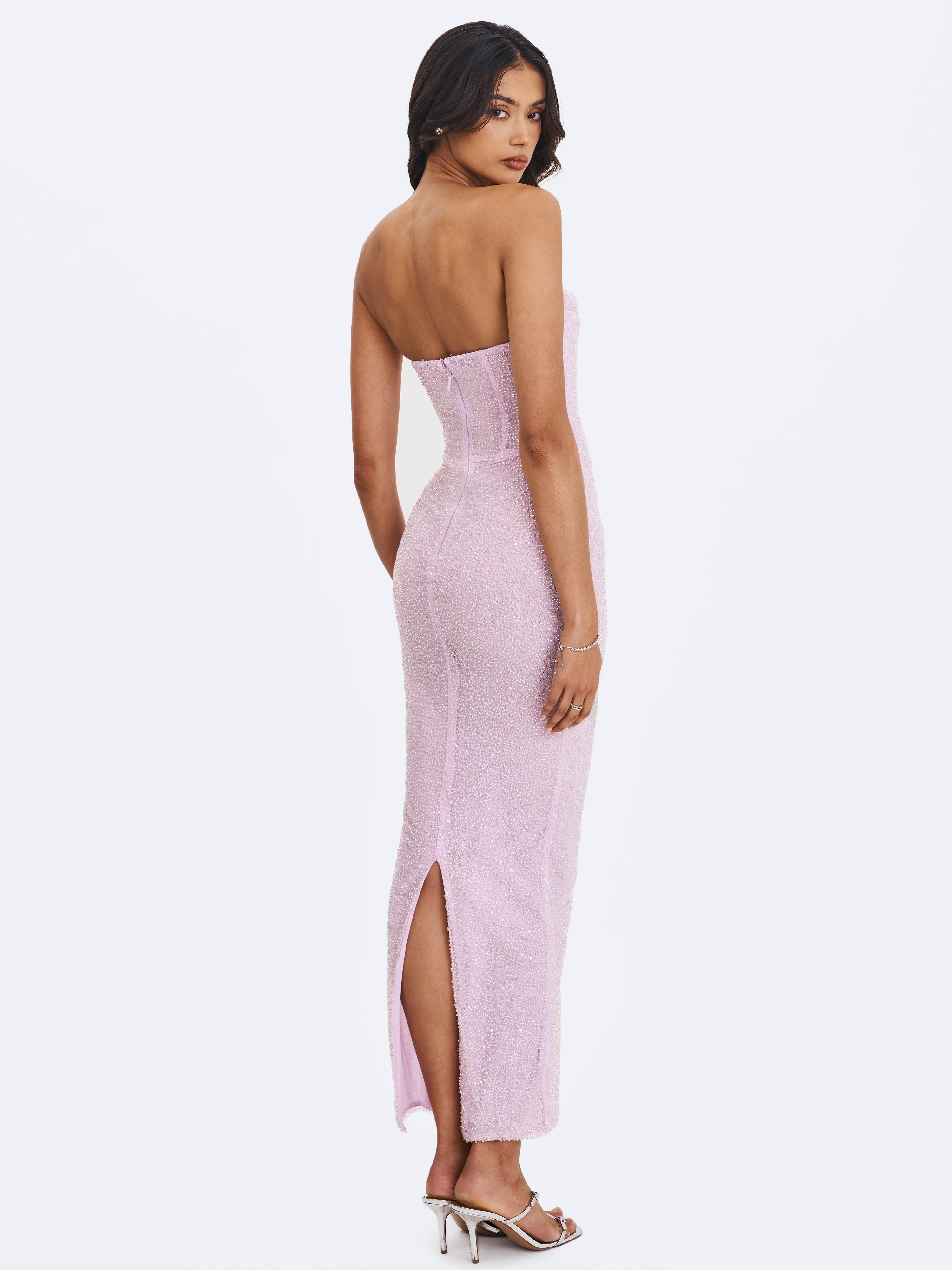 Raylee Lilac Beaded Mesh Strapless Sheath Maxi Dress Raylee Lilac Beaded Mesh Strapless Sheath Maxi Dress