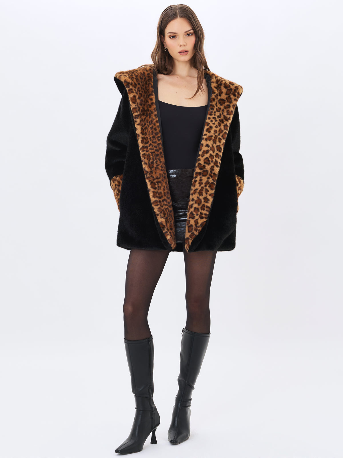 Bianca Black Faux Fur Cheetah Print Oversized Hood Mini Coat