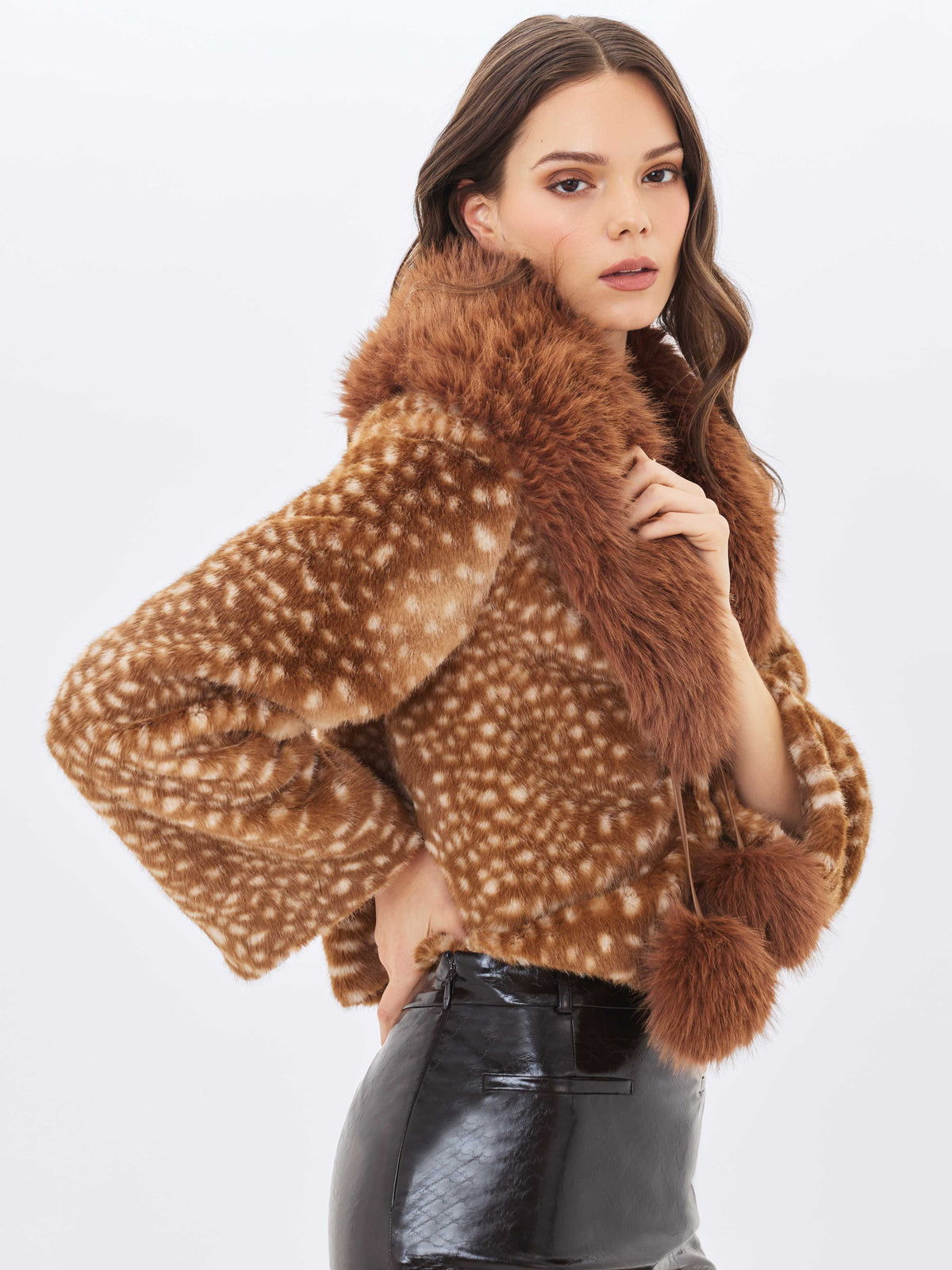 Mia Chestnut Faux Fur Bambi Print Mini Coat