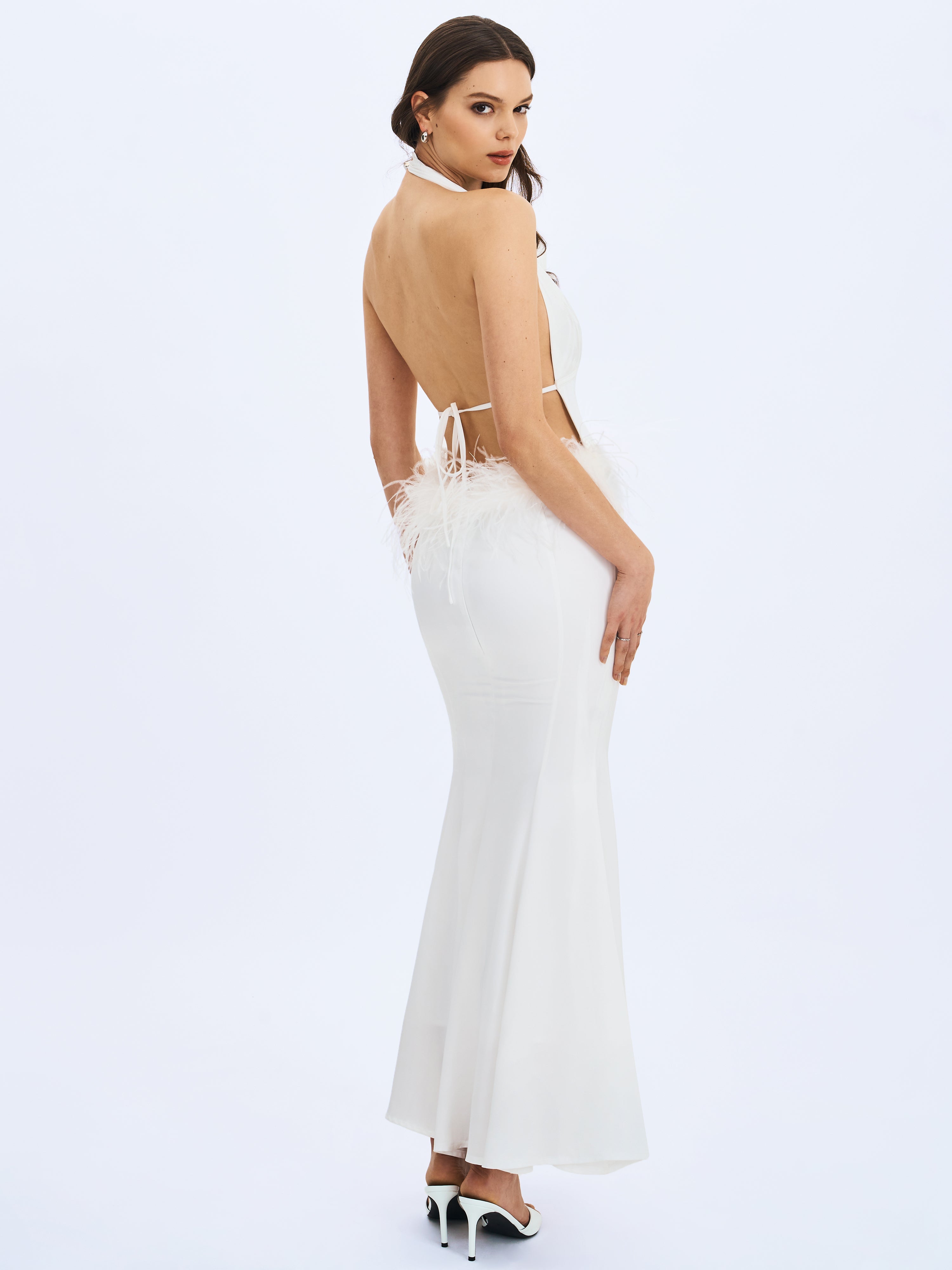 Solene Pleated Halter Backless Feather-Trim Maxi Dress