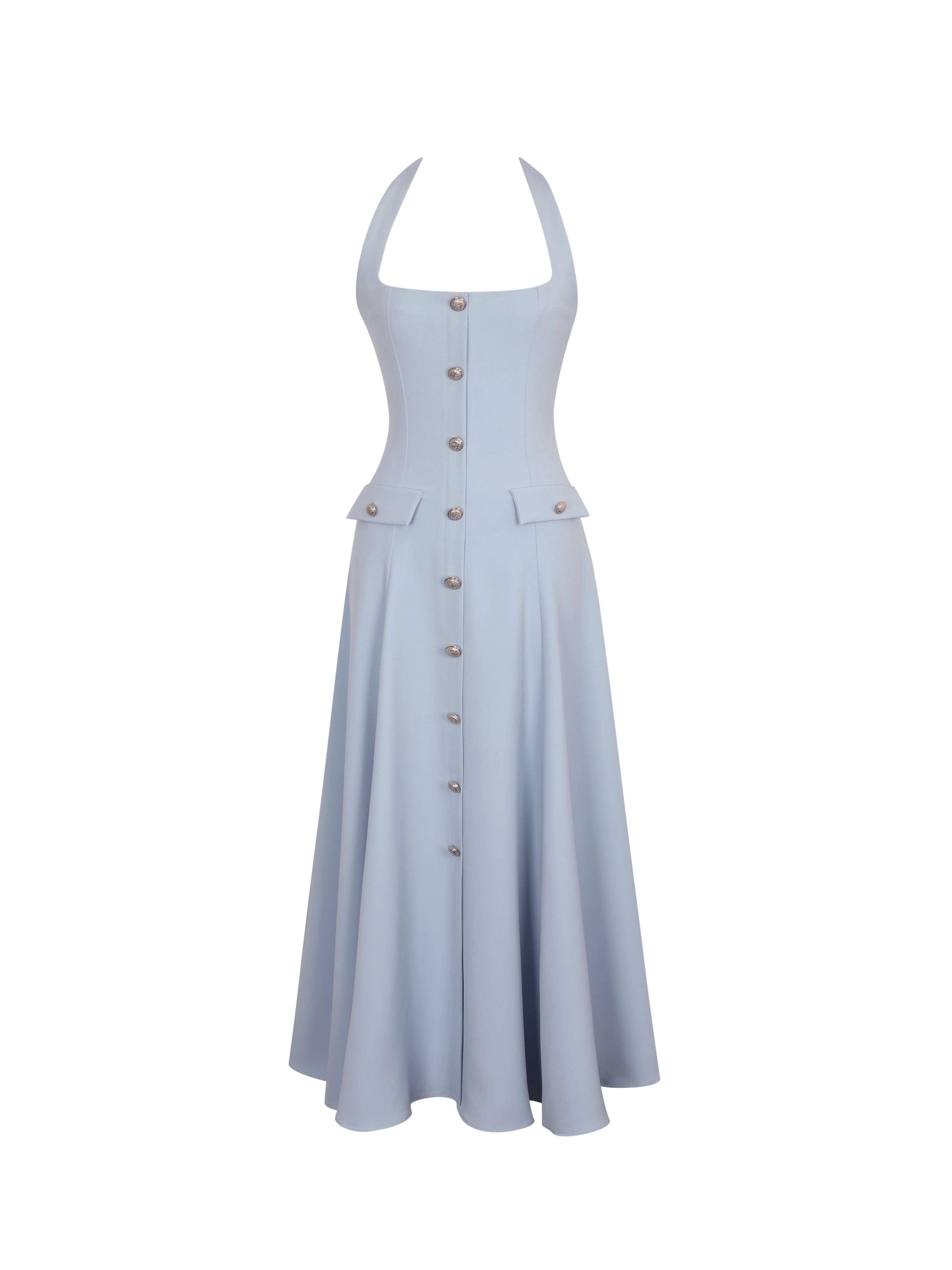 Gillian Mist Blue Halter A-Line Midi Dress
