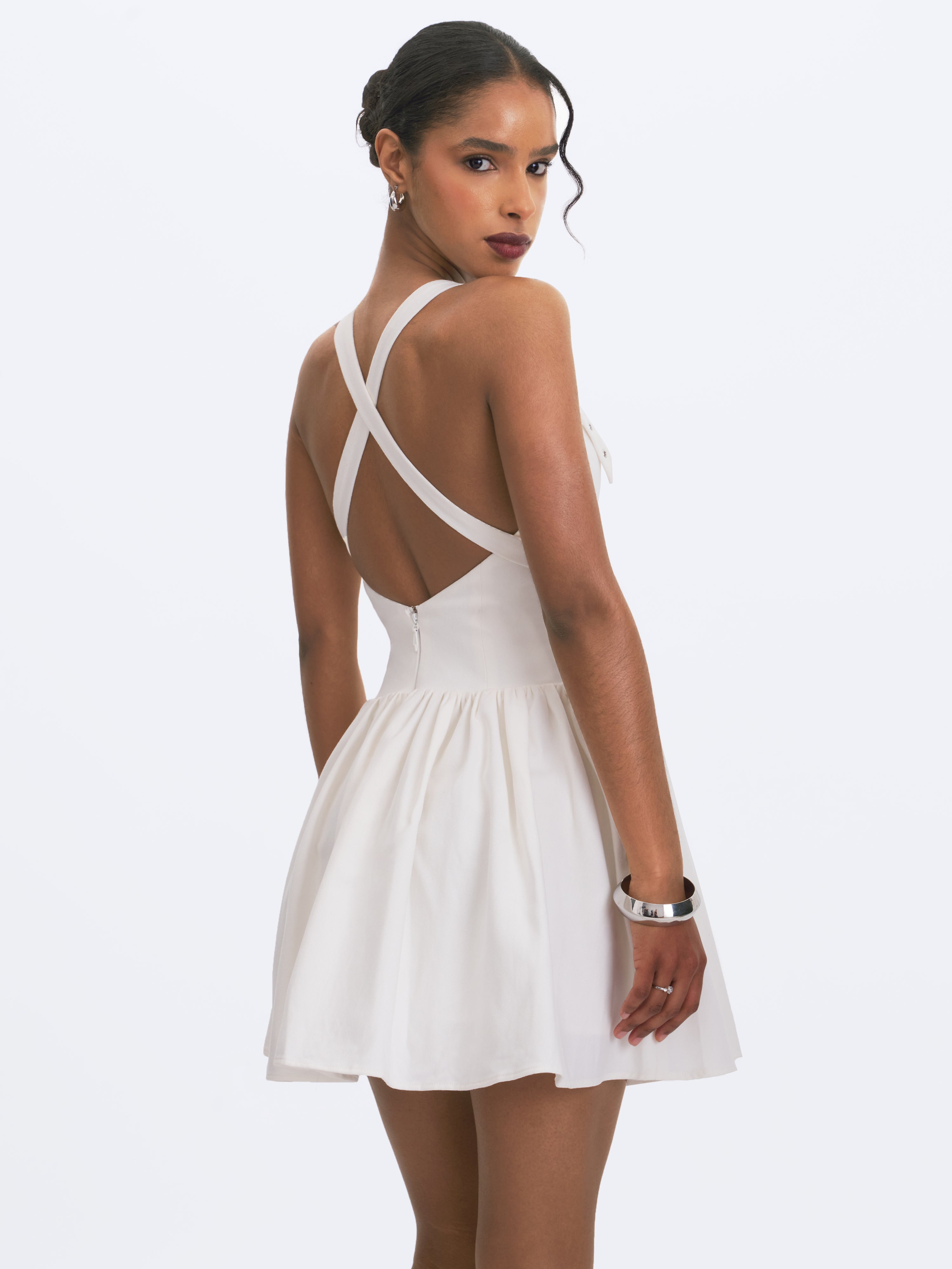 Francine White Cotton Denim Crossover Strap Mini Dress