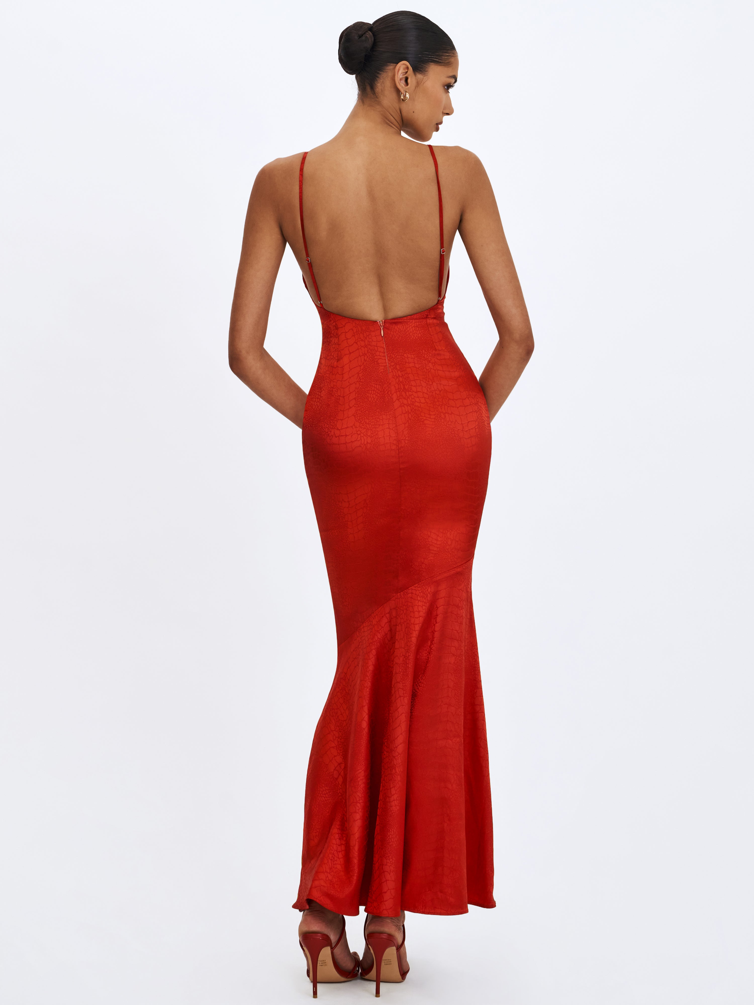 Kelsey Scarlet Croc-Embossed Flared Hem Maxi Dress with Scarf