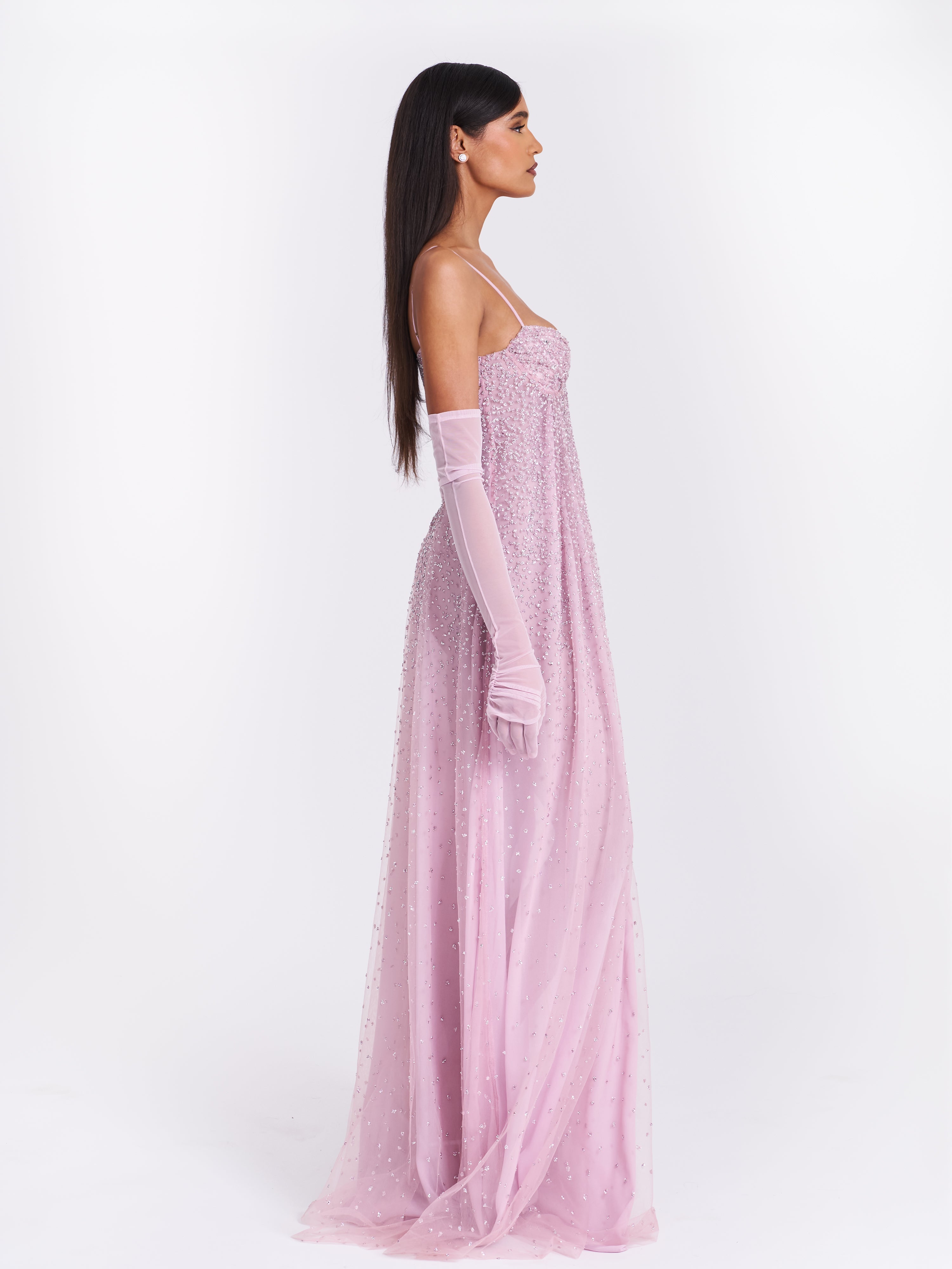 Wallie Pink Rhinestone Embellished Mesh Backless Gown