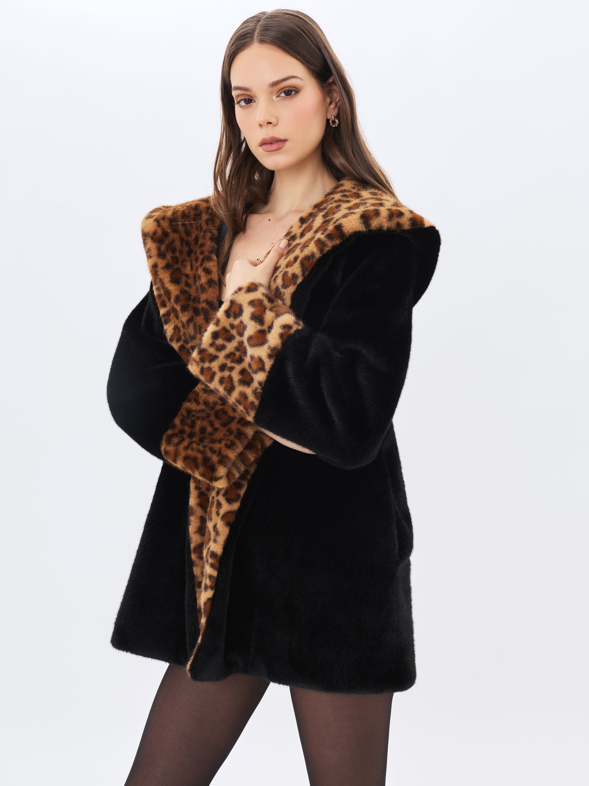 Bianca Black Faux Fur Cheetah Print Oversized Hood Mini Coat