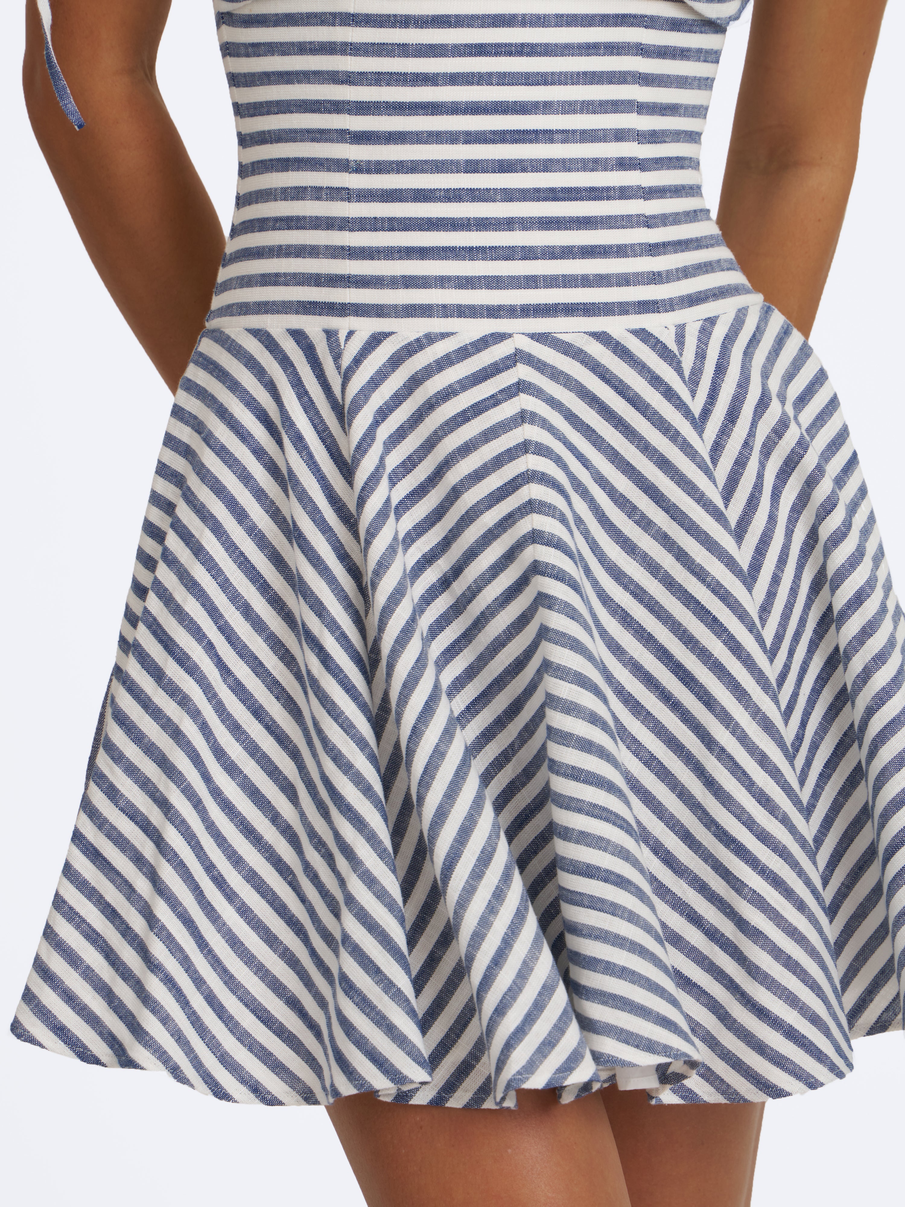 Vinaya Navy & White Striped Linen Flared Mini Dress
