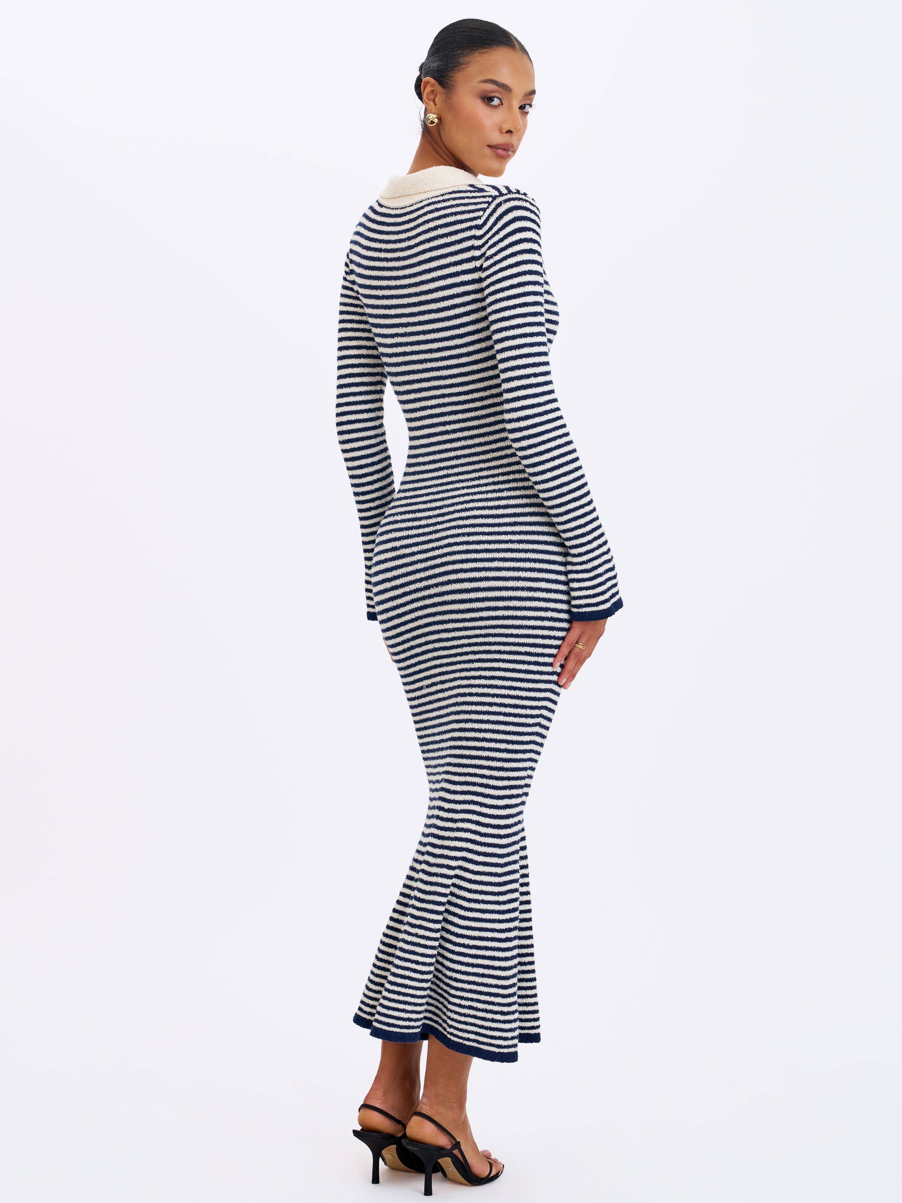 Xelie Navy & White Cotton Terry Knit Mermaid Maxi Dress