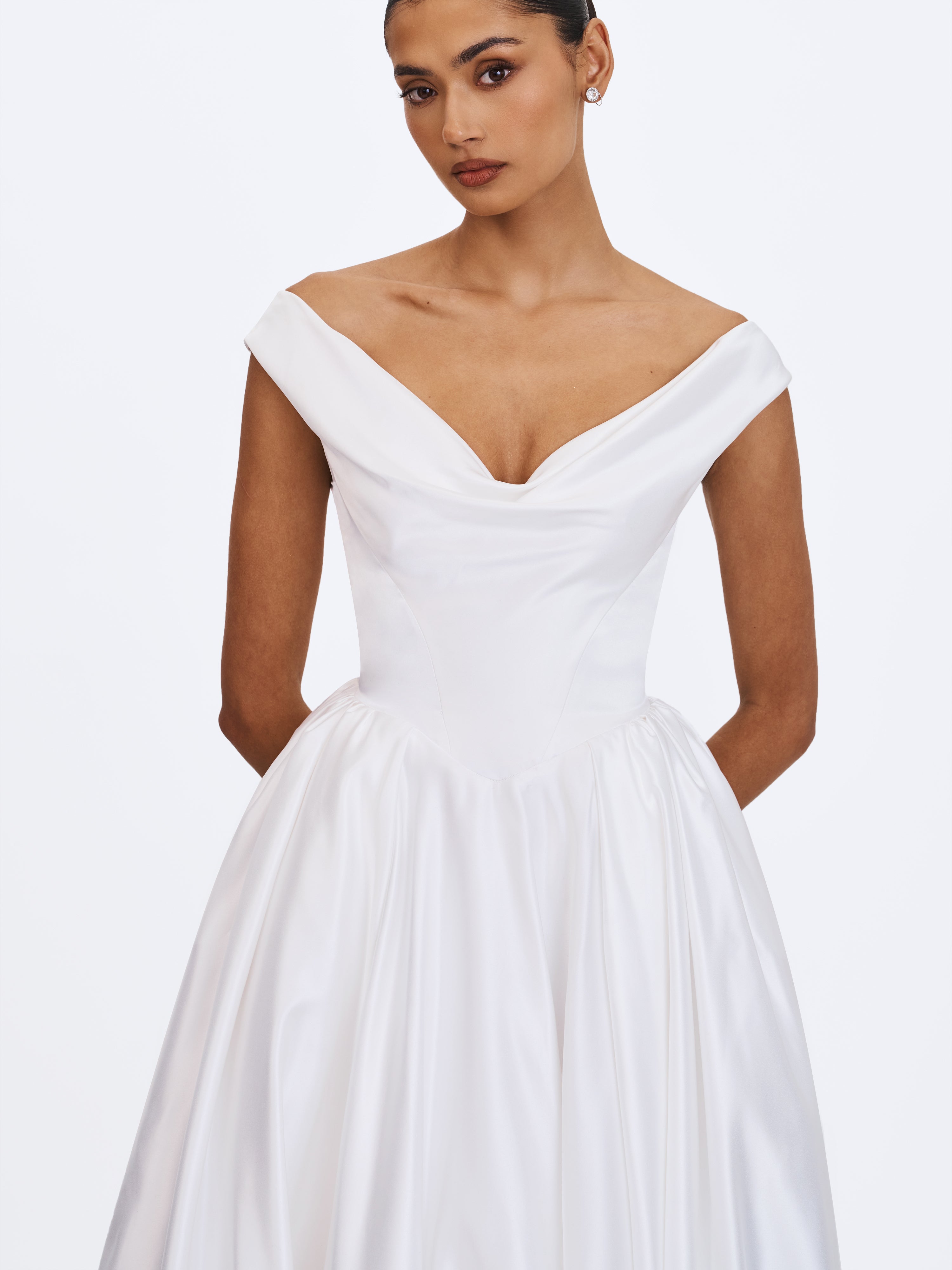 Unna White Satin Bardot Cowl Wedding Gown (PREORDER)