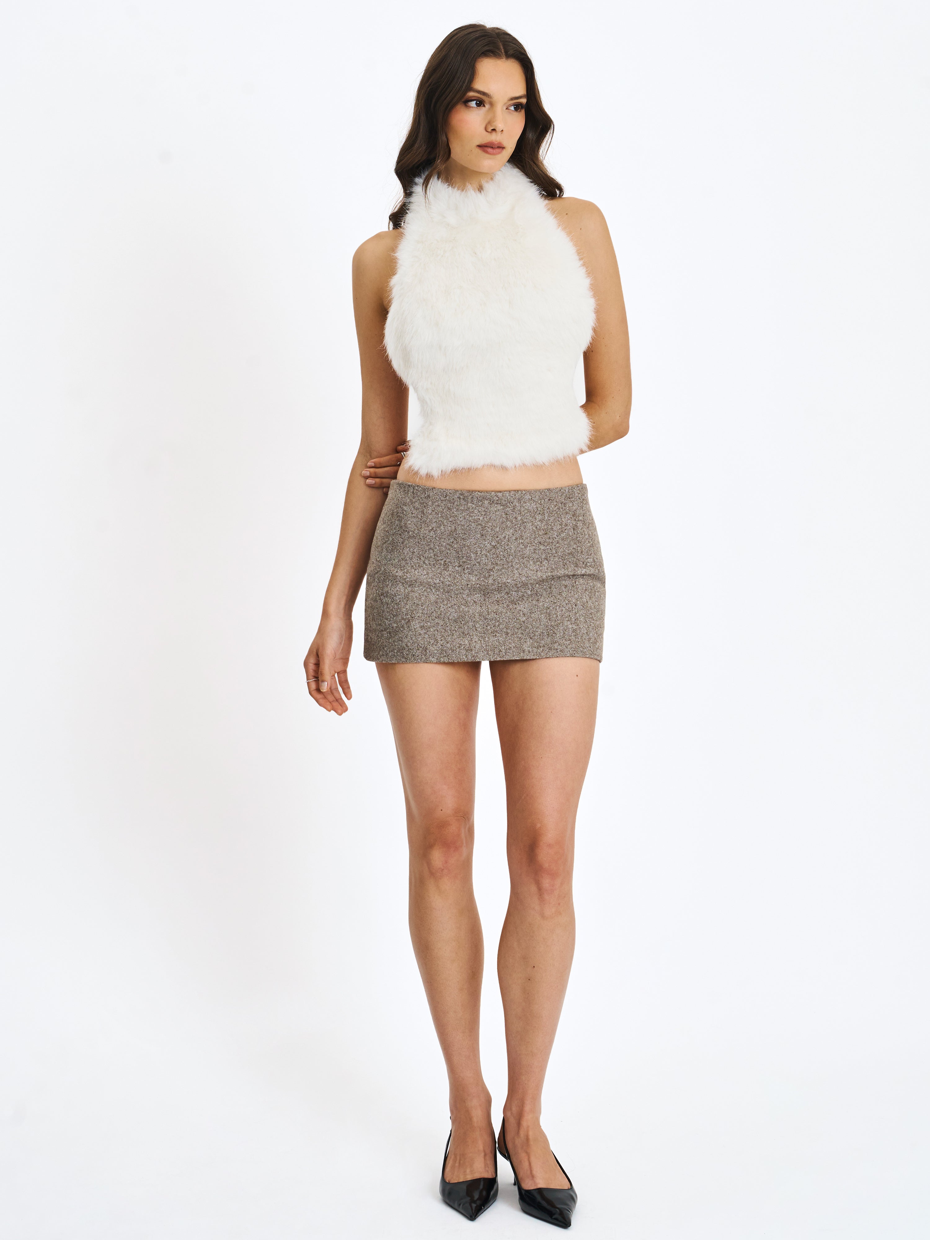 Oona White Backless Contoured Fur Halter Top