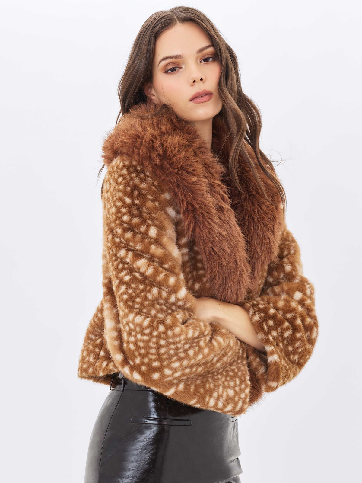 Mia Chestnut Faux Fur Bambi Print Mini Coat