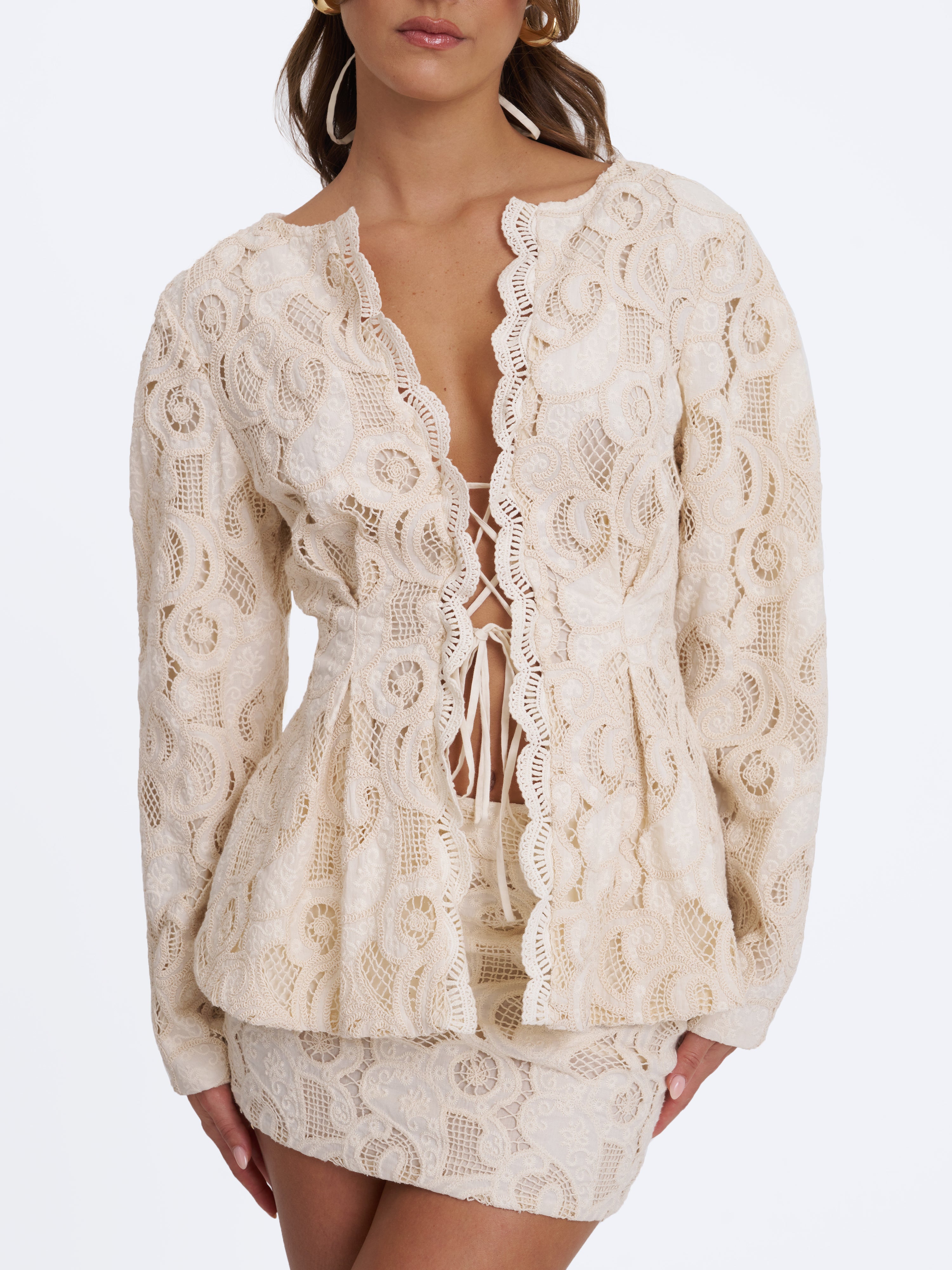 Wenley Beige Cotton Lace Puff Sleeve Cinched Top