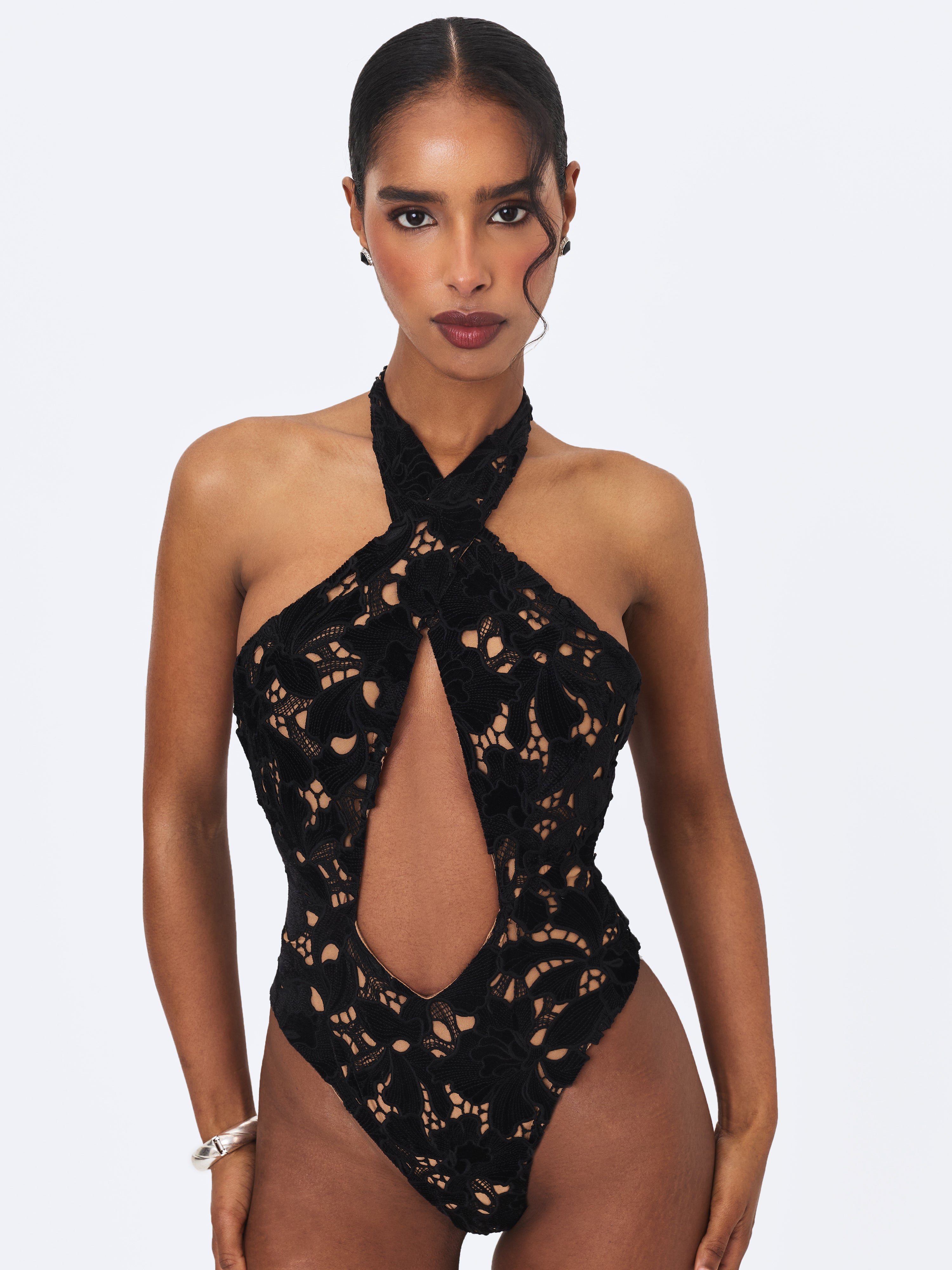 Breanna Black Velvet Lace Crossover Halter Swimsuit