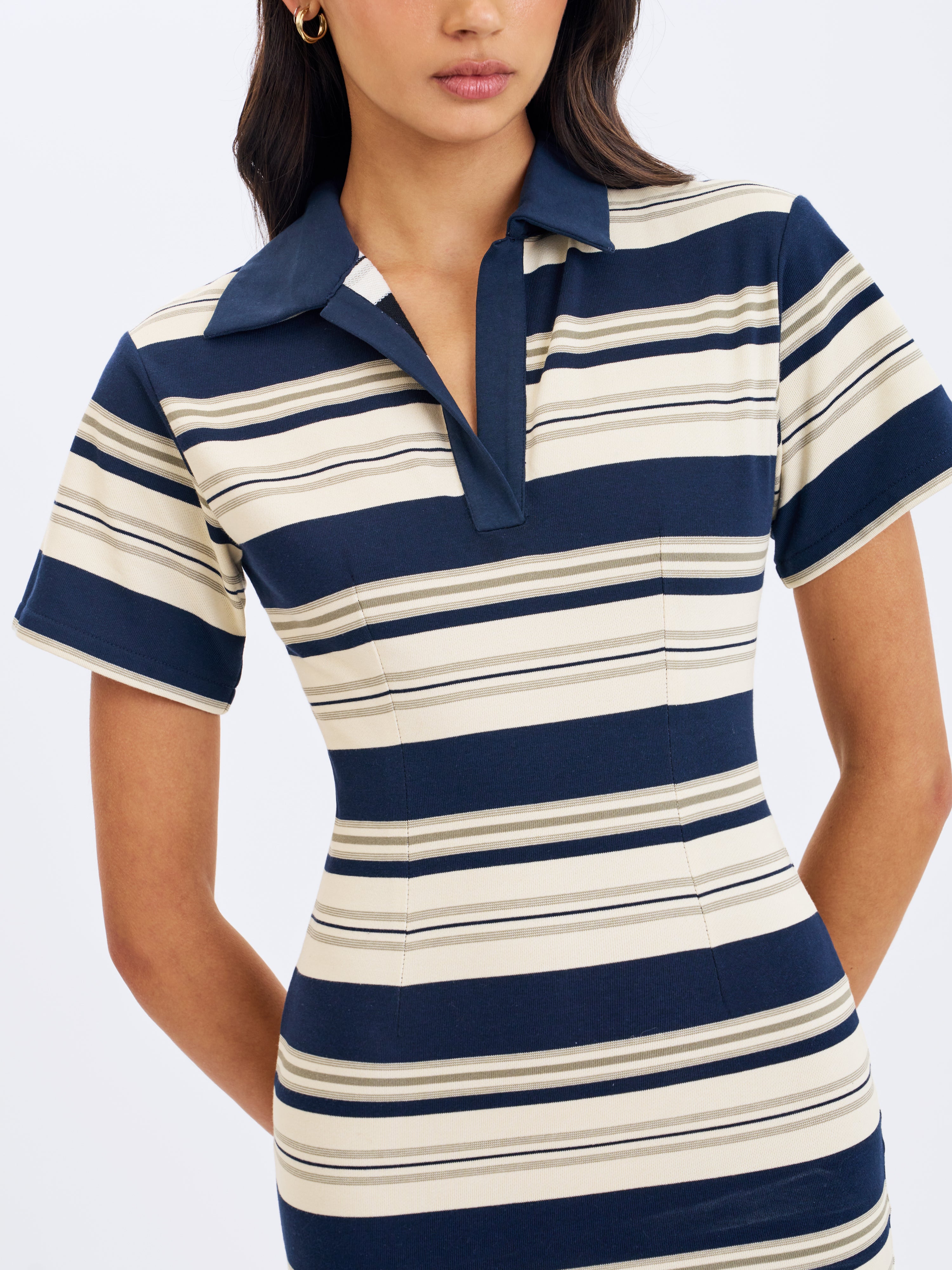 Whitley Navy & Ivory Piqué Cotton Striped Collared Mini Dress