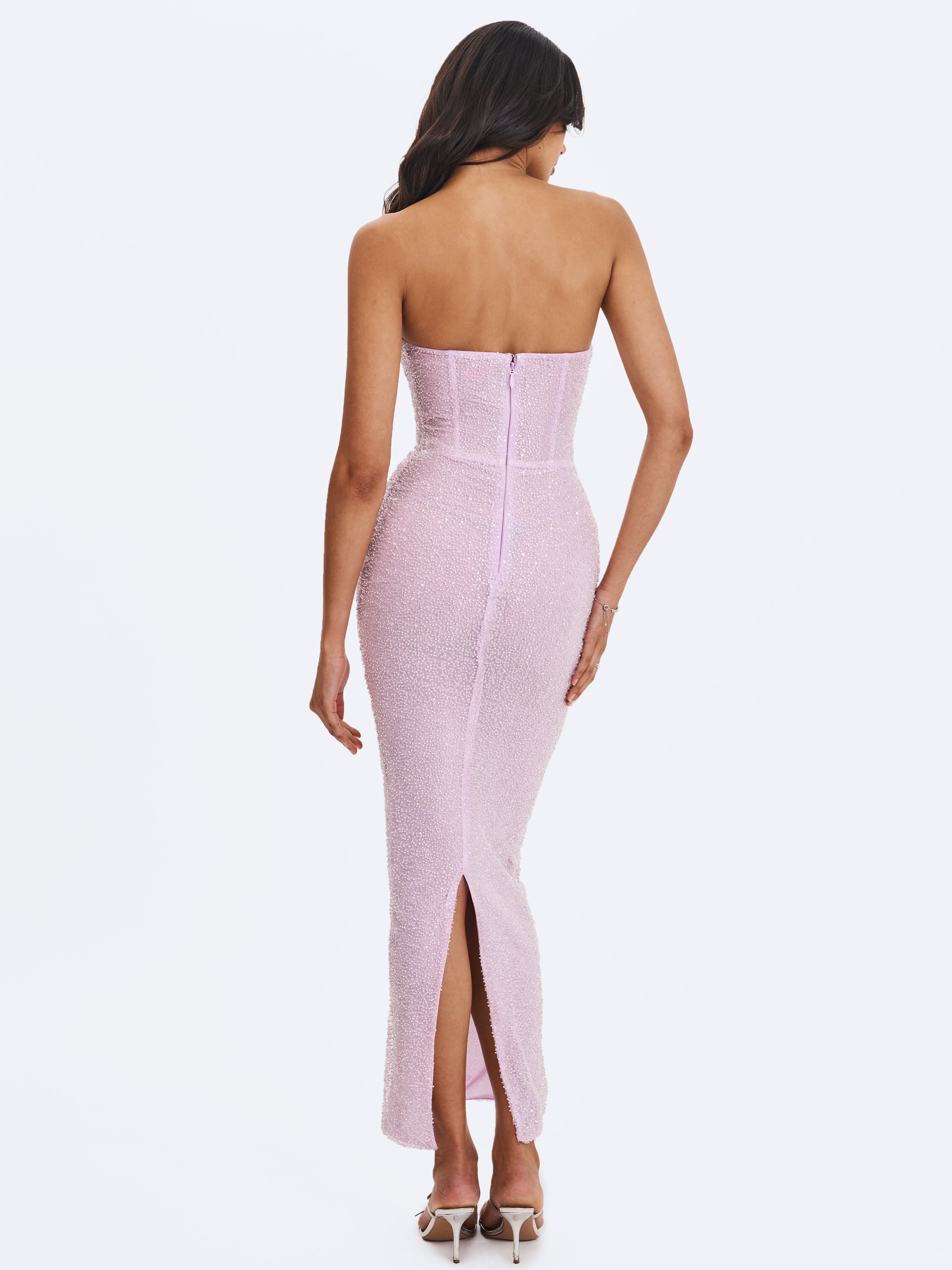 Miss Circle Women's Raylee Lilac Beaded Mesh Strapless Sheath Maxi Dress - Lilac Miss Circle Women's Raylee Lilac Beaded Mesh Strapless Sheath Maxi Dress - Lilac