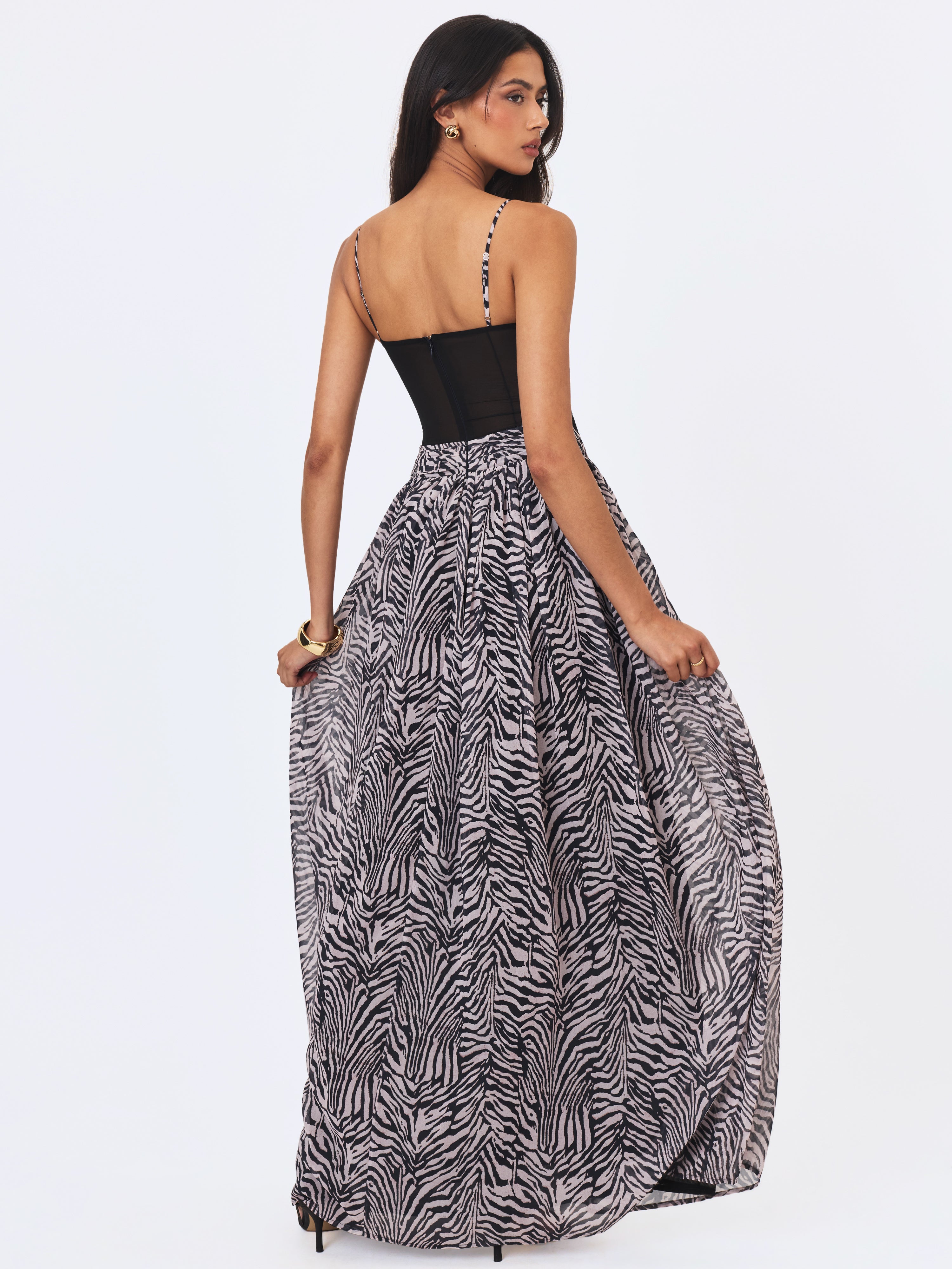 Onora Zebra Print Chiffon Dipped Waist Maxi Dress