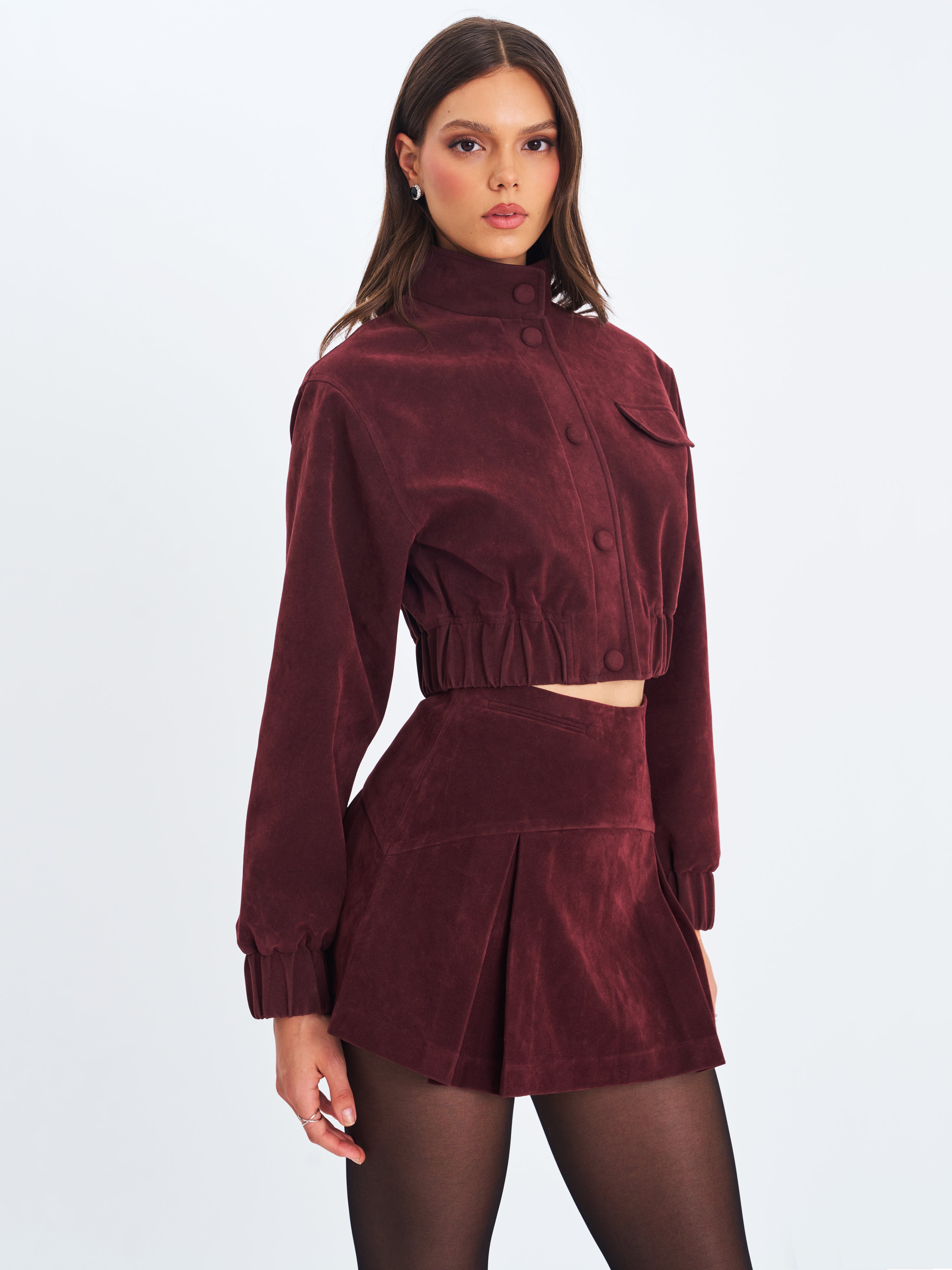 Farryn Mahogany Vegan Suede Cropped Bomber Jacket