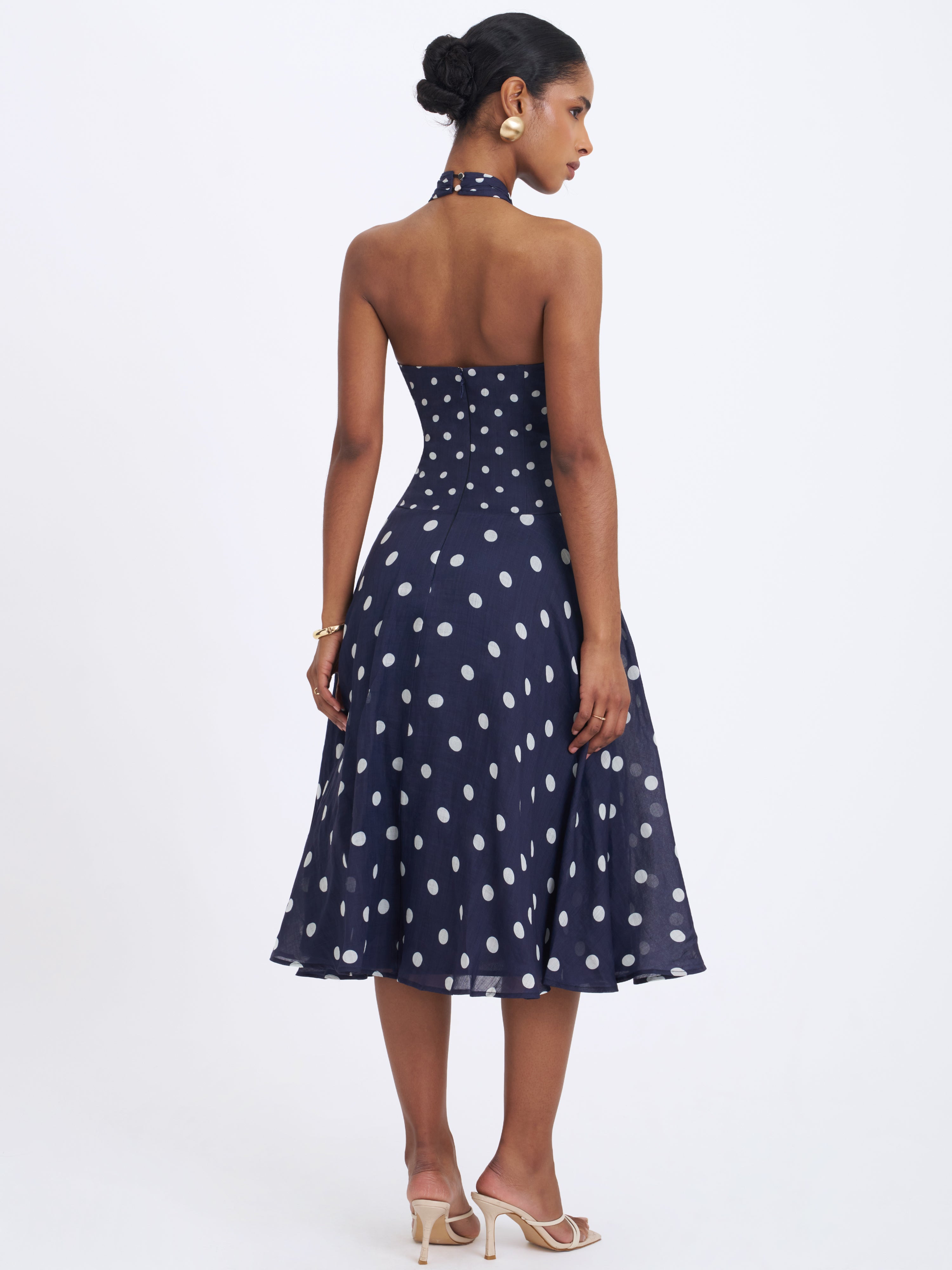 Nuri Navy Polka Dot Ramie Crossover Halter A-Line Midi Dress