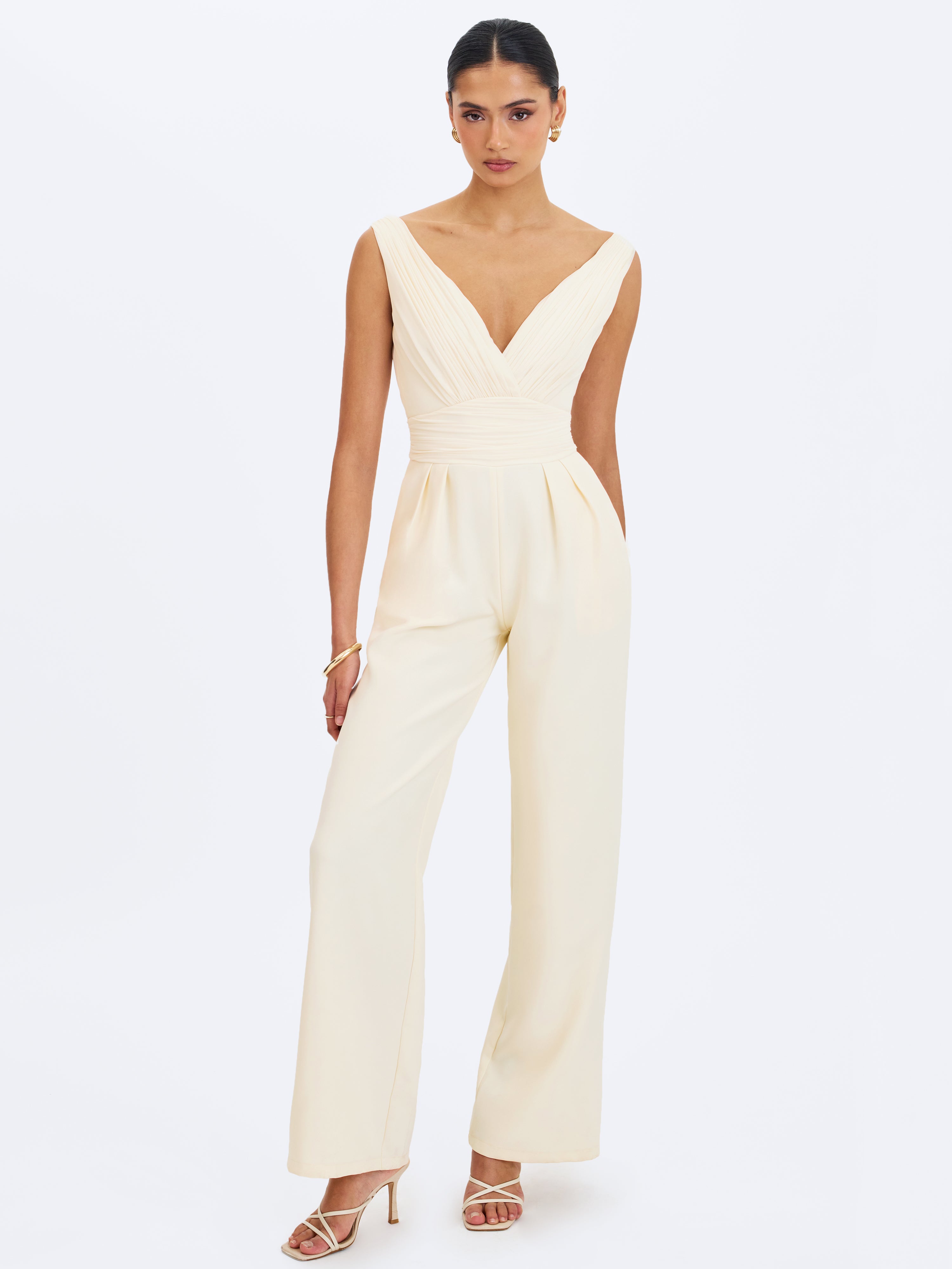 Harper Ivory Ruched V-Neck Jumpsuit with Scarf