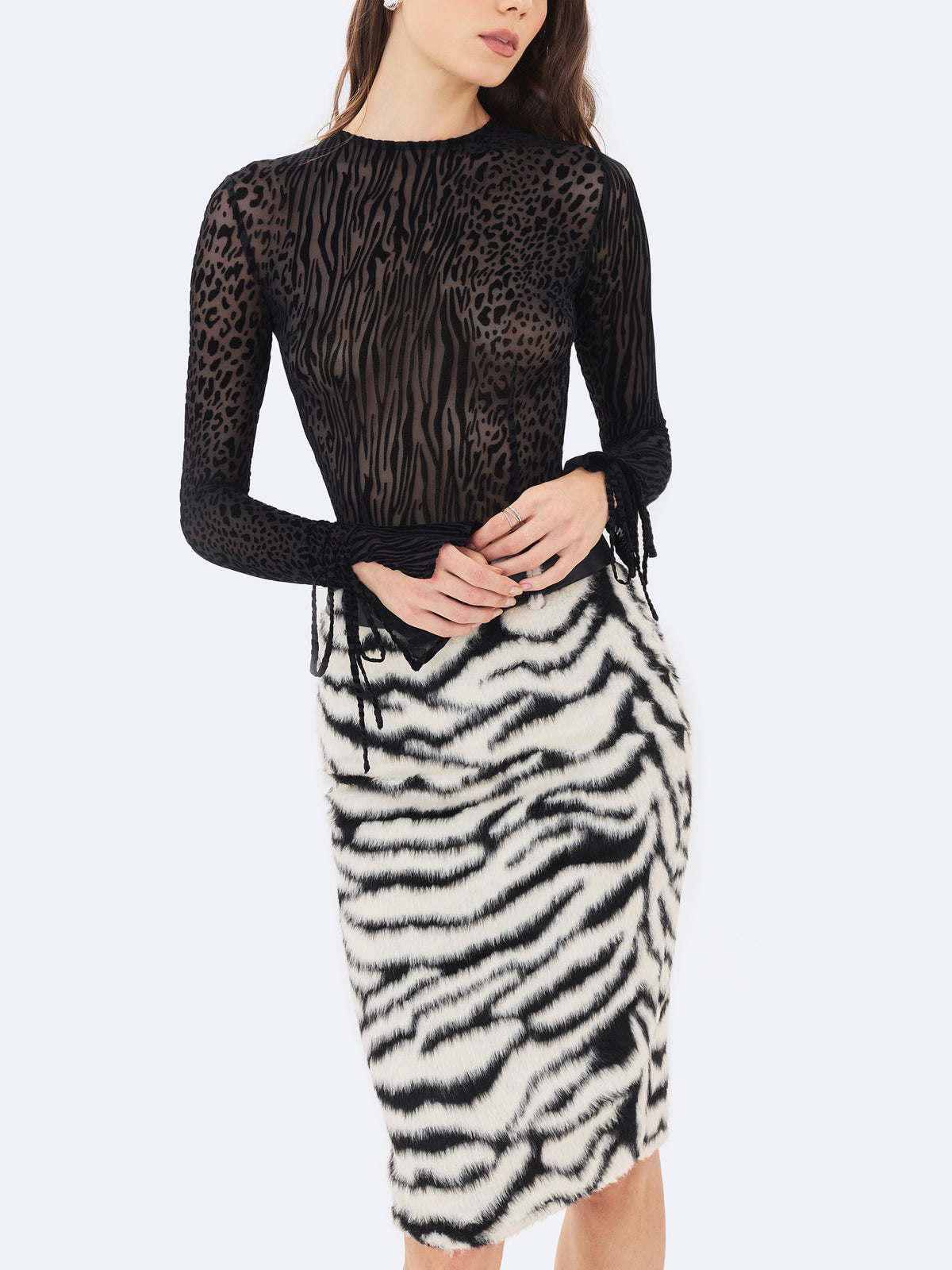 Xylena Black & White Zebra Fur Midi Pencil Skirt