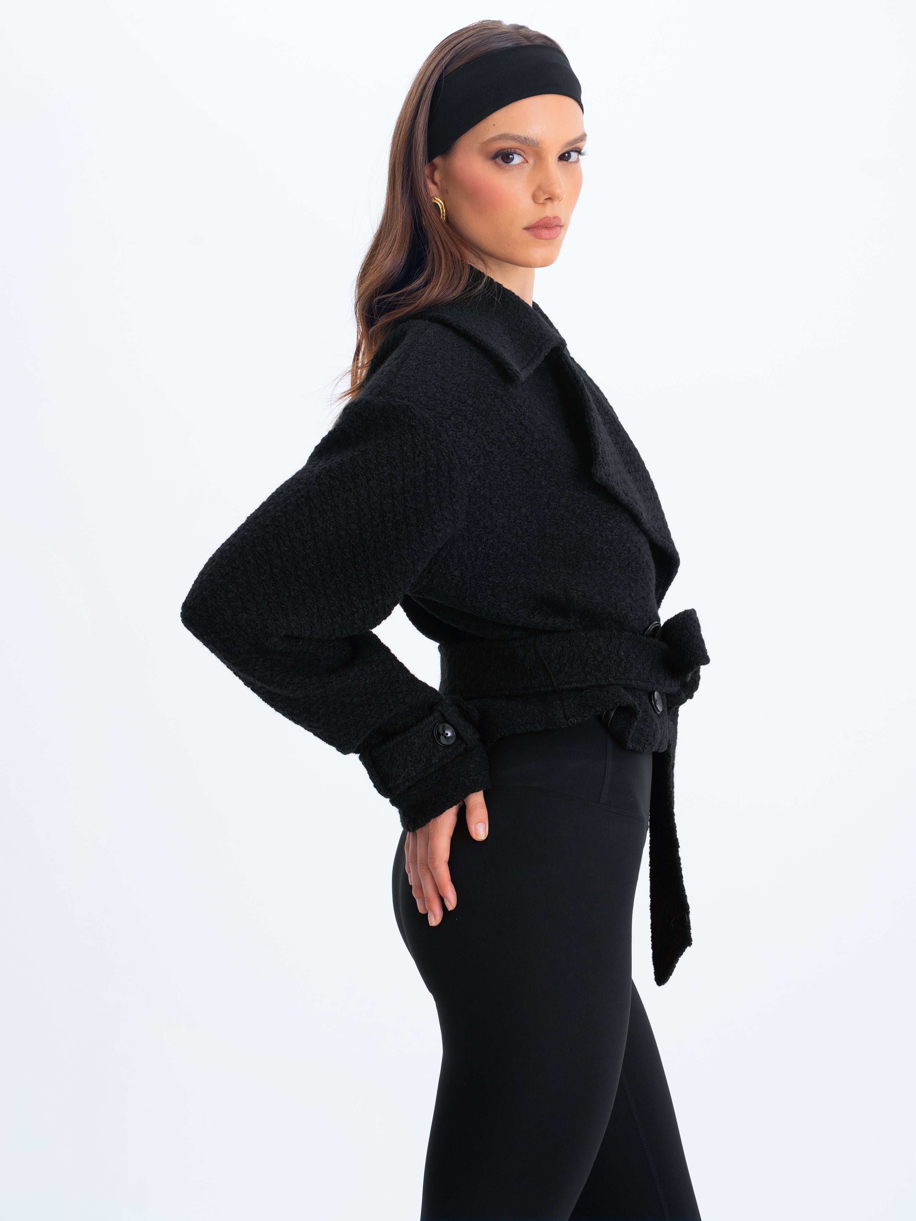 Dara Black Wool Blend Cropped Double-Breasted Belted Coat