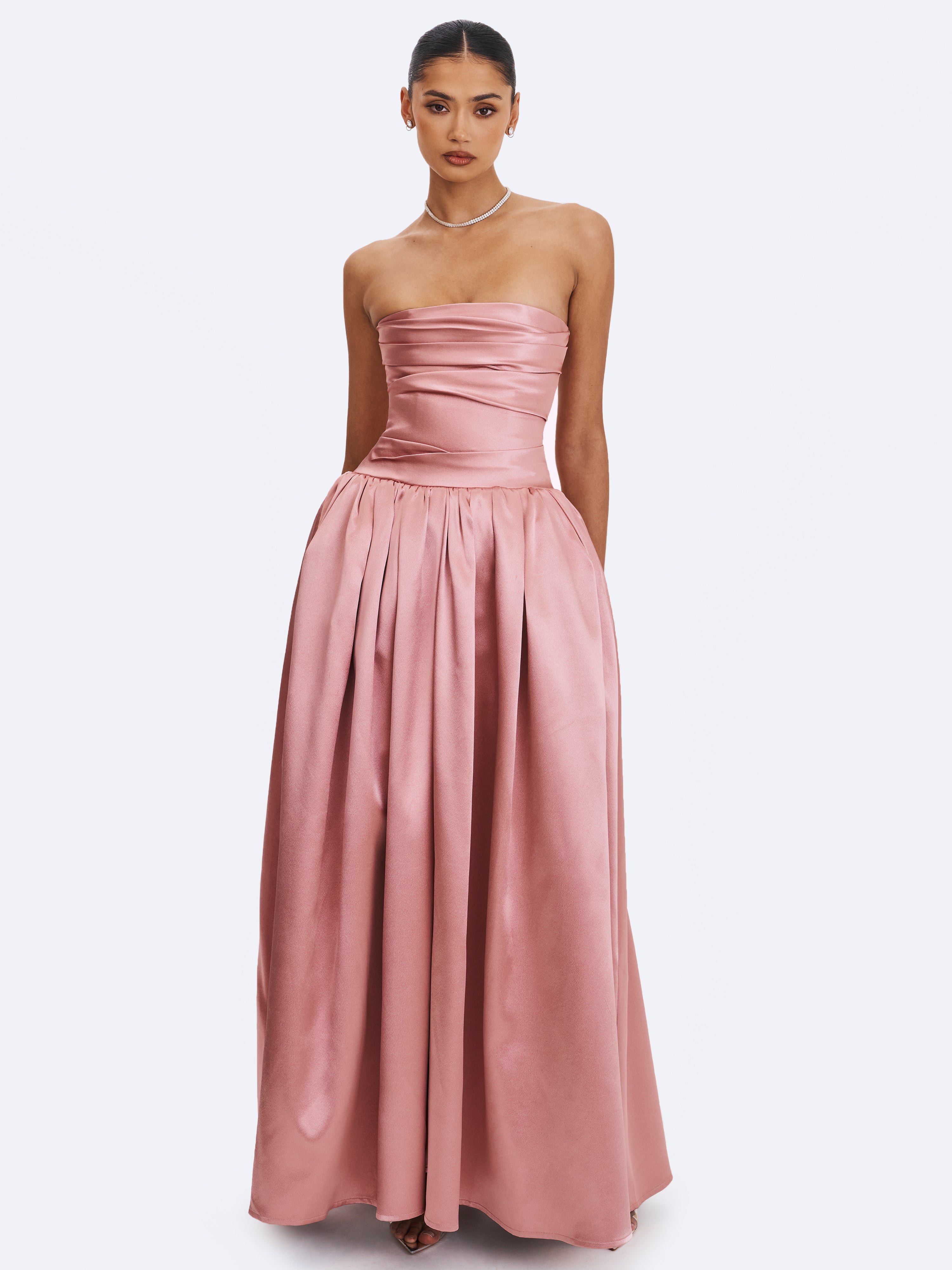 Willette Deep Rose Satin Strapless Gathered Maxi Dress