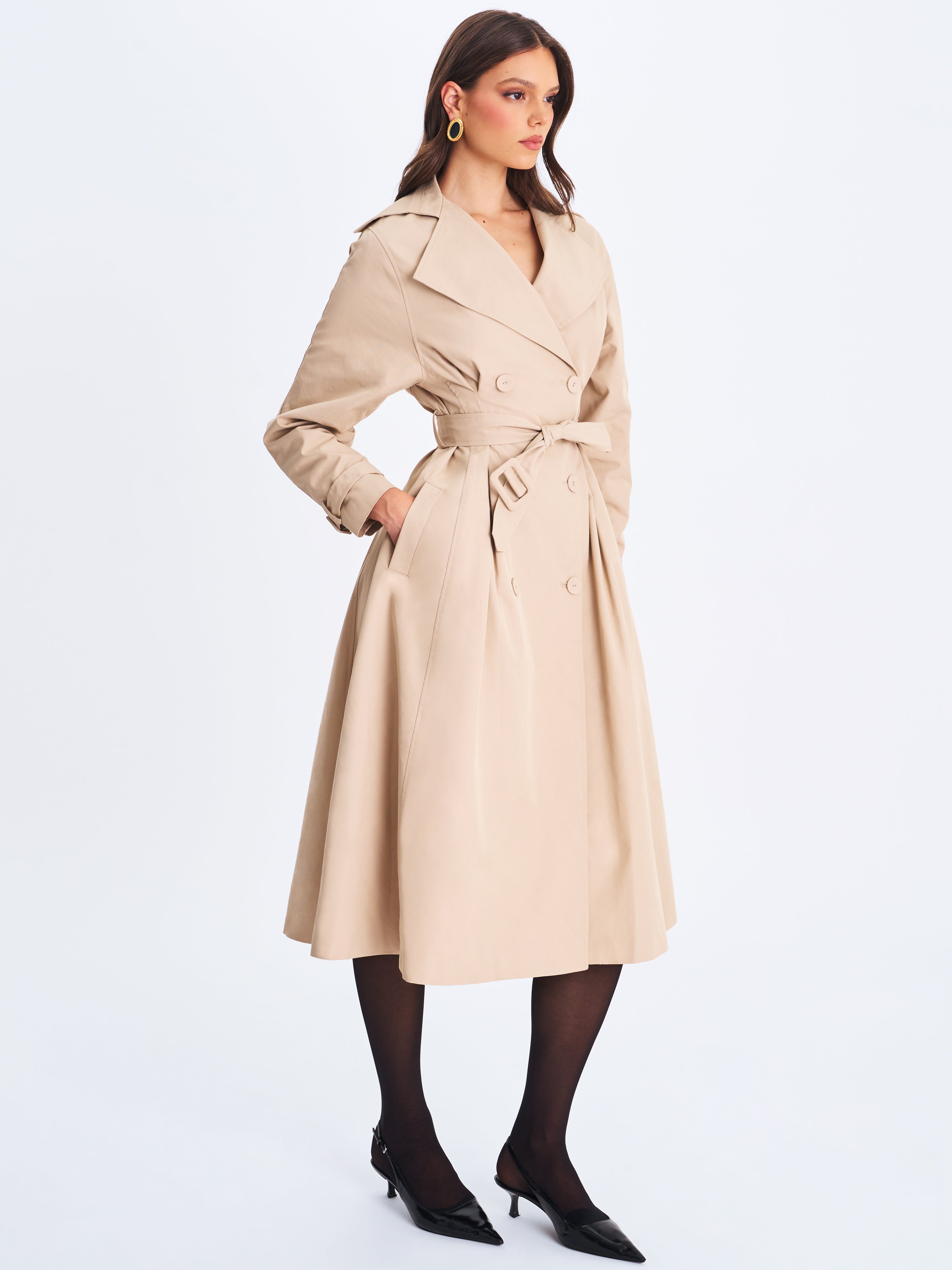 Ulila Beige Double-Breasted Pleated Cotton-Blend Trench Coat
