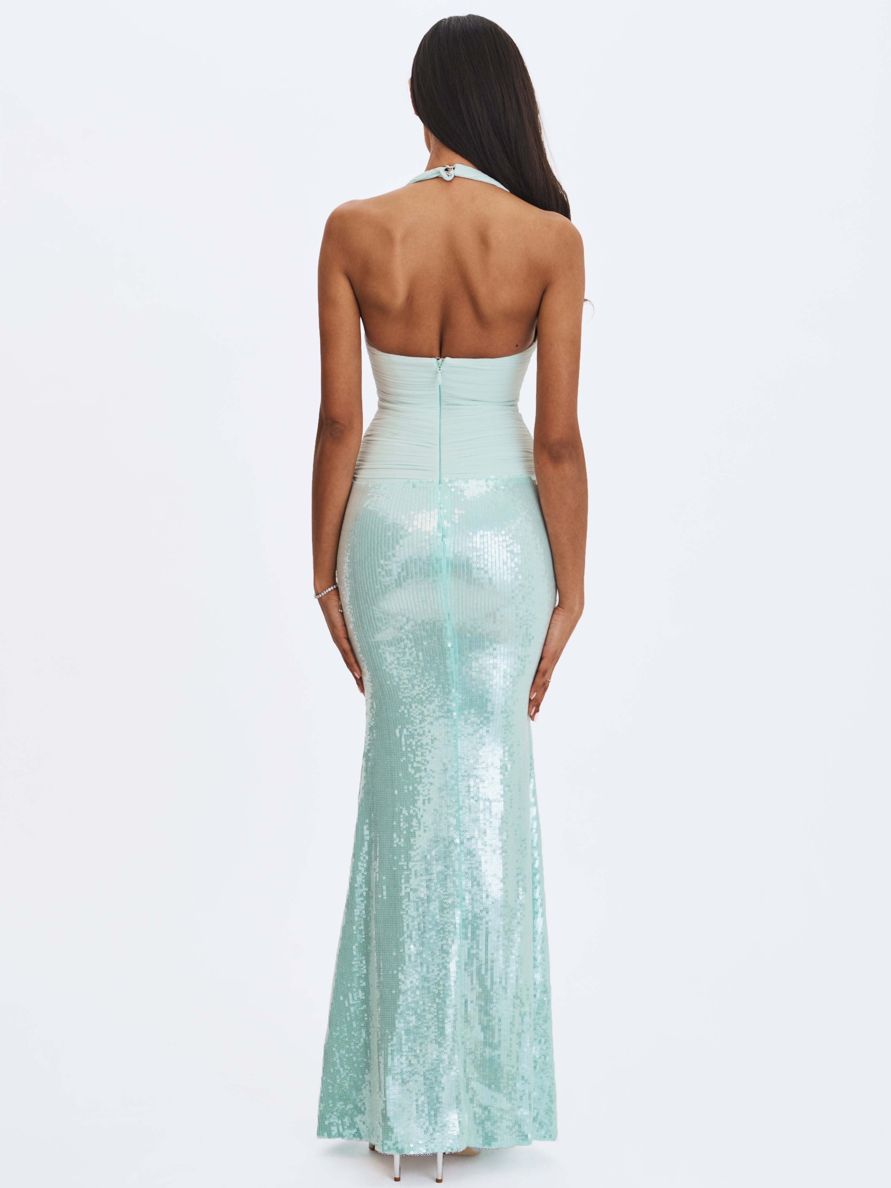 Wendale Mint Sequin Plunging Mermaid Maxi Dress