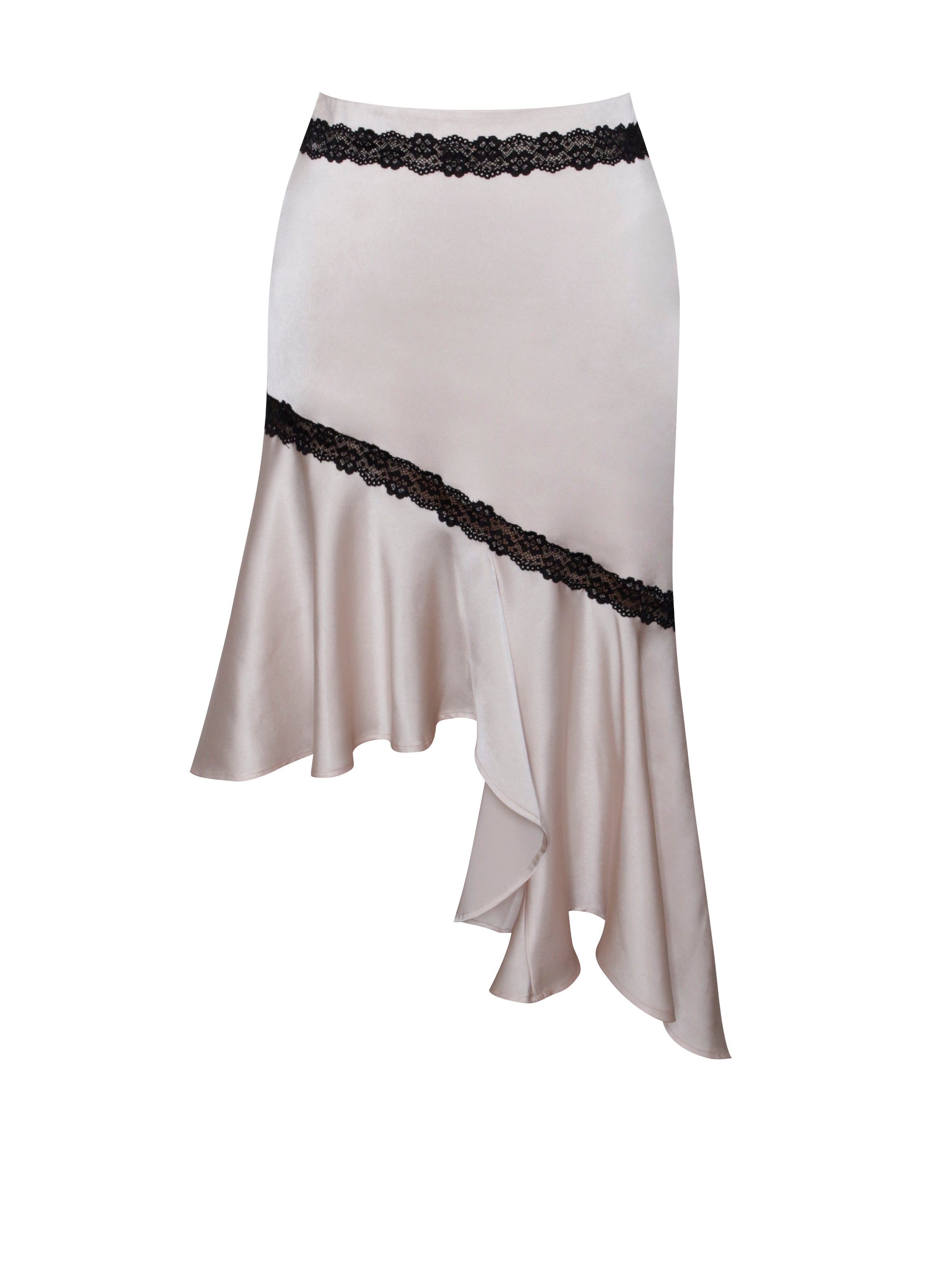 Yahvi Beige Lace Trim Satin Skirt