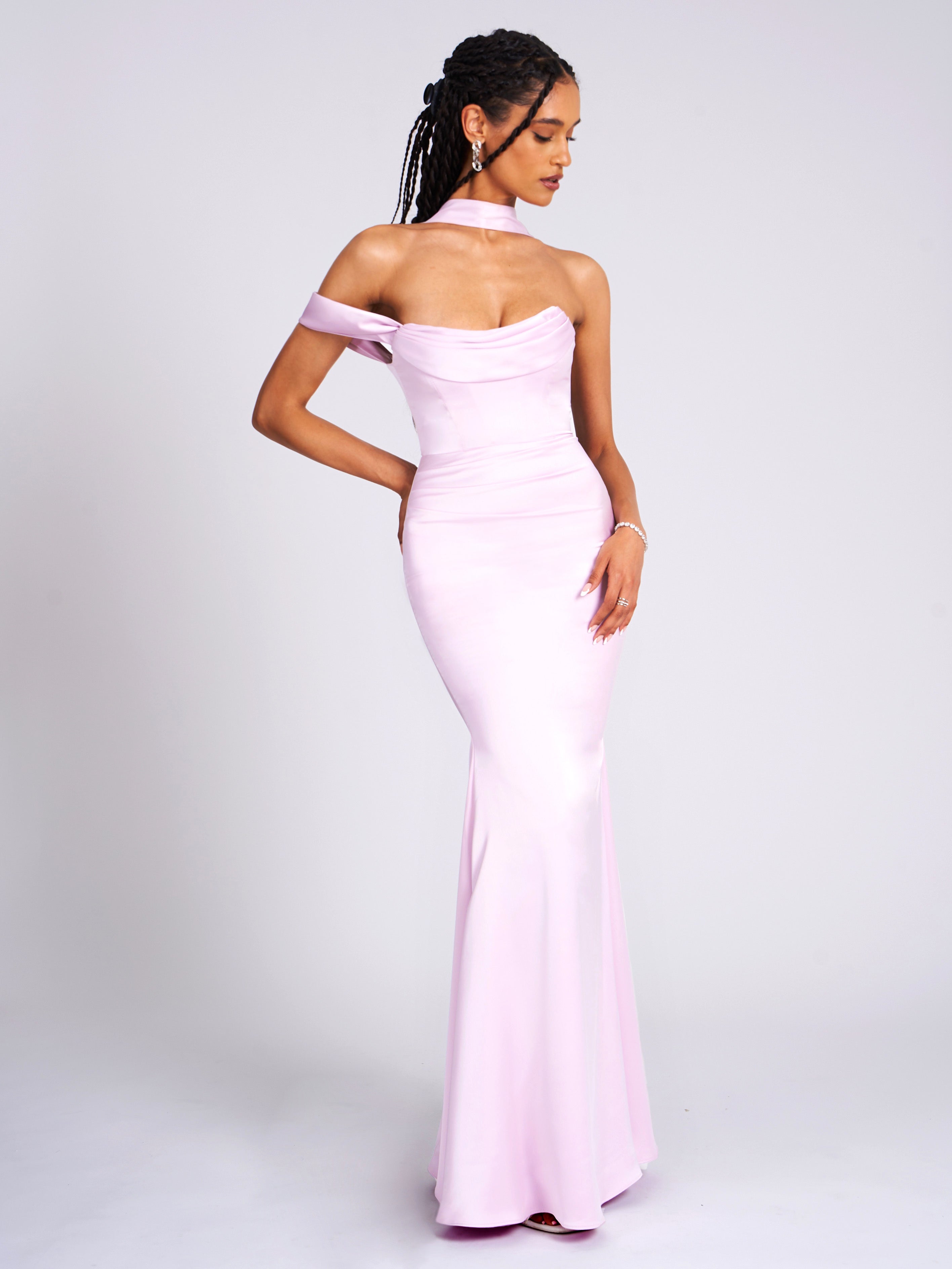 Ivona Mauve Halter Neck Double Duchess Satin Gown