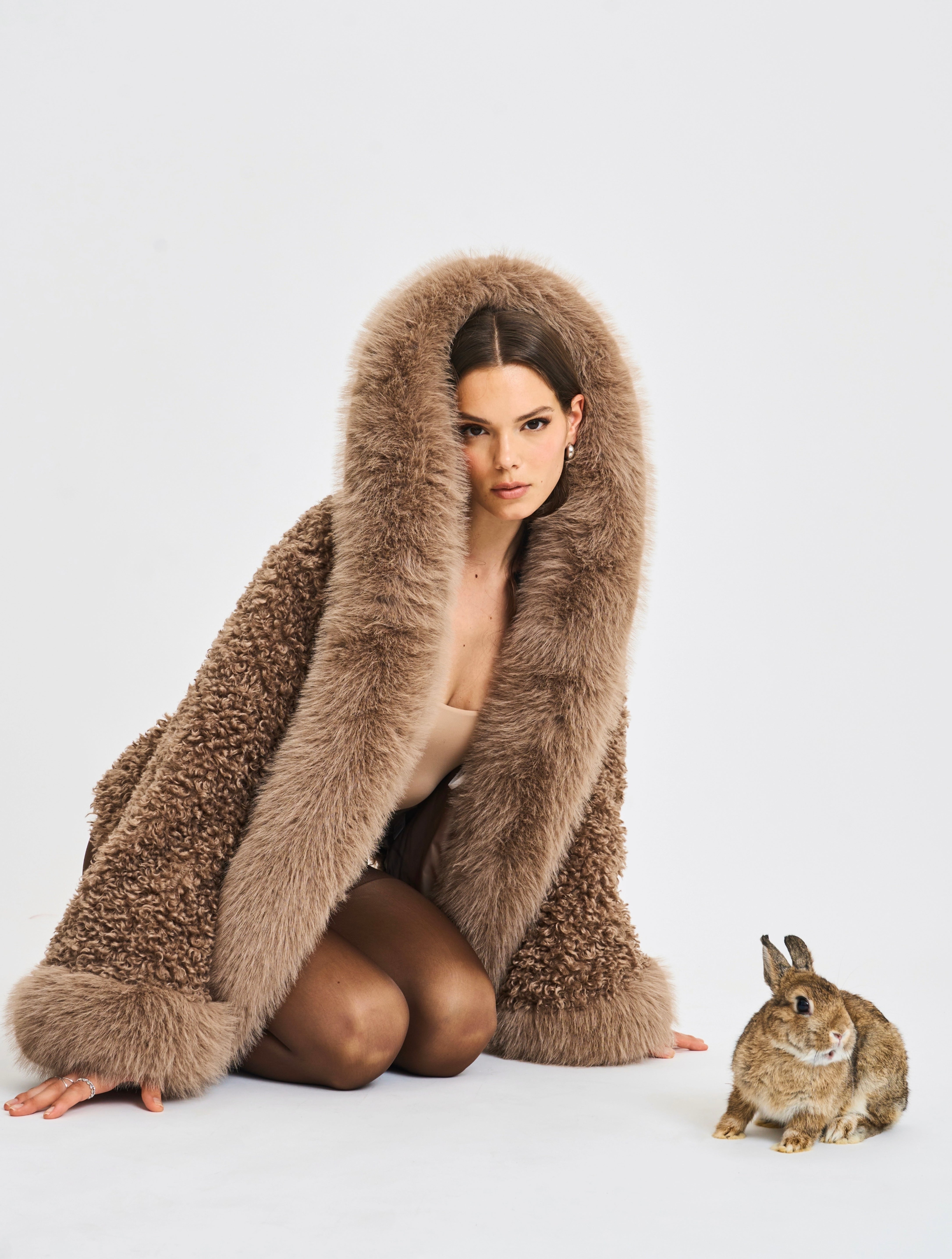 Jumbo Kali Camel Vegan Shearling Fur Trimmed Coat