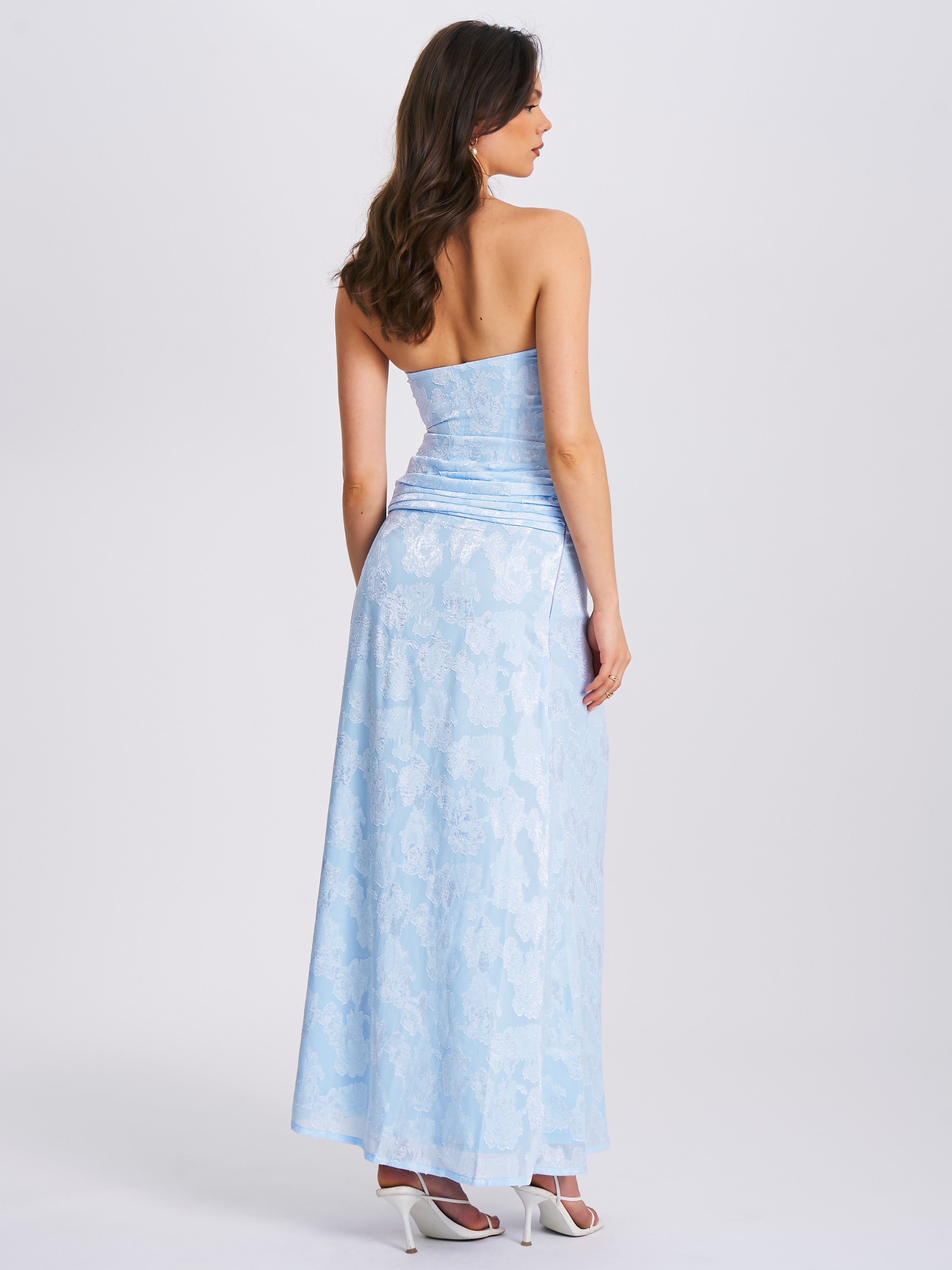 Xatia Baby Blue Jacquard Textured High Slit Maxi Dress