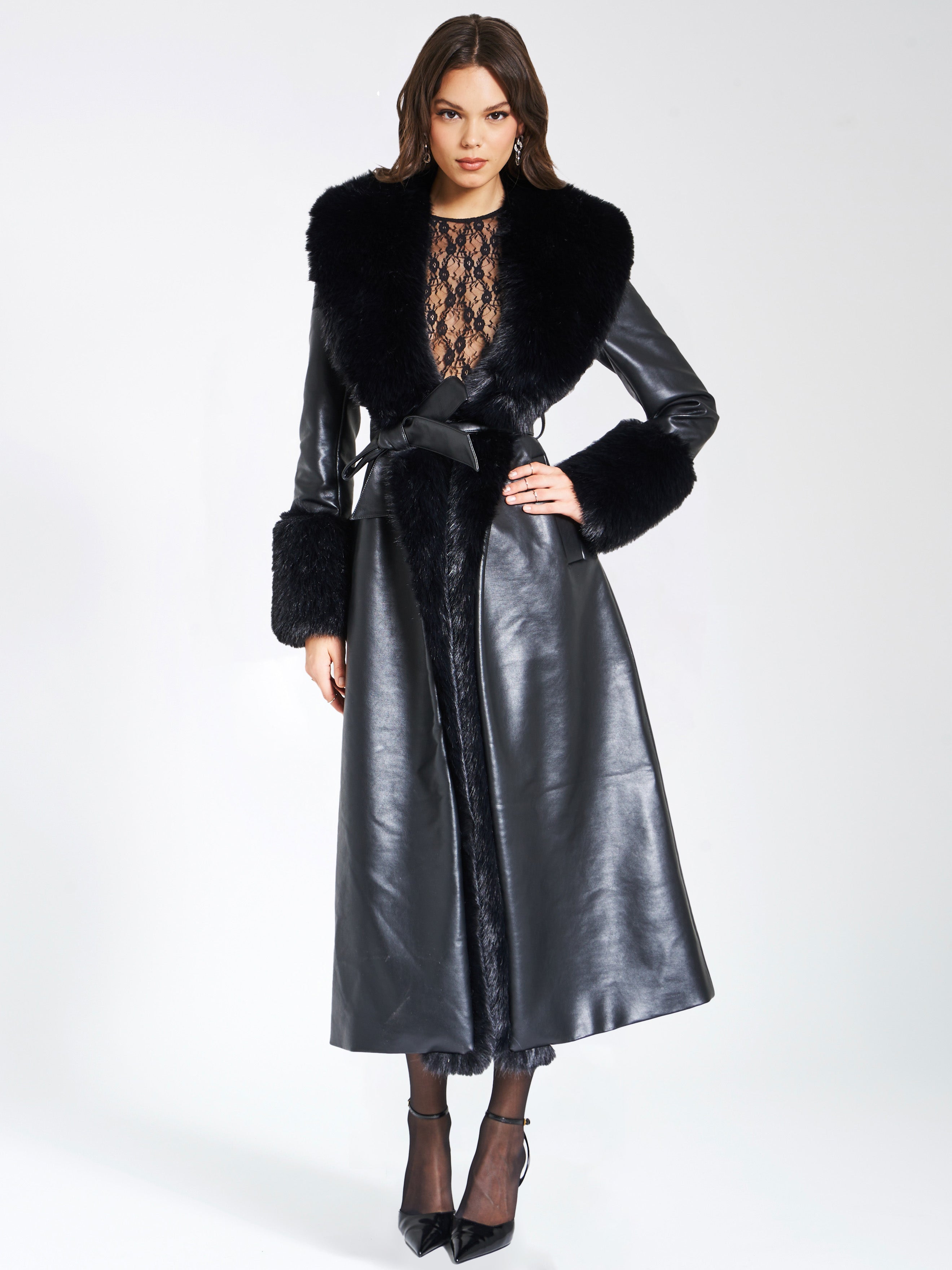 Zaida Black Vegan Fur Trim Black Vegan Leather Coat