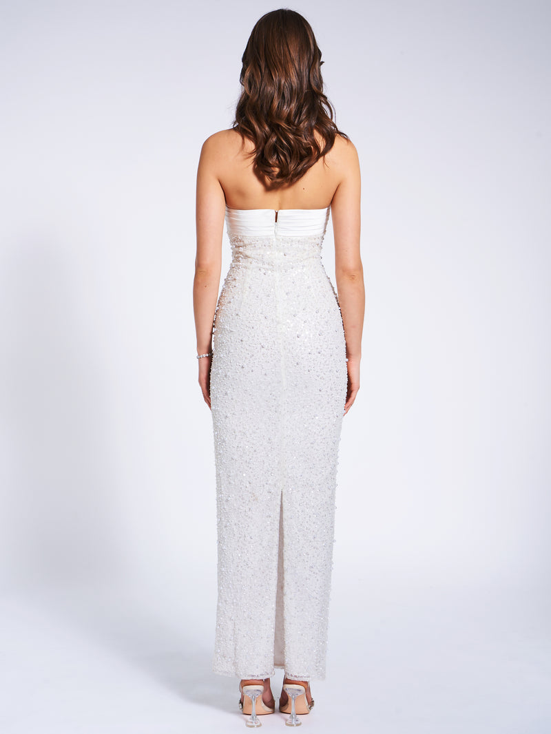 Lainey White Satin Sequin Pearls Beaded Maxi Dress