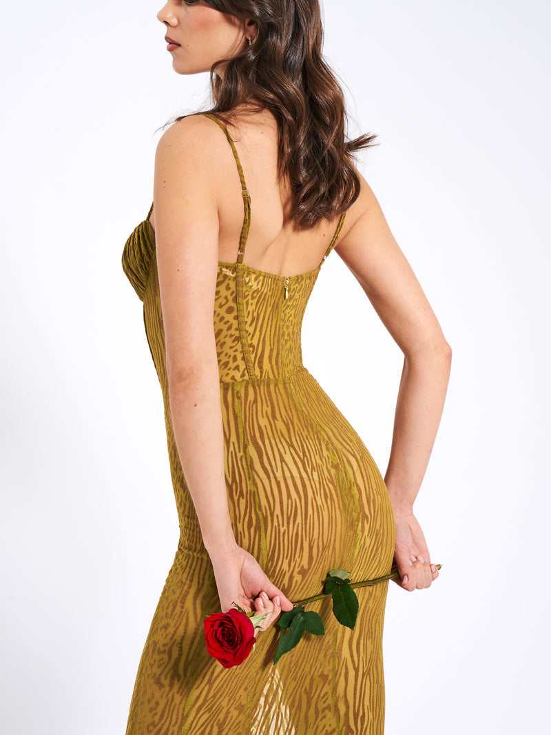 Ulani Gold Burnout Velvet Detail Mesh Maxi Dress